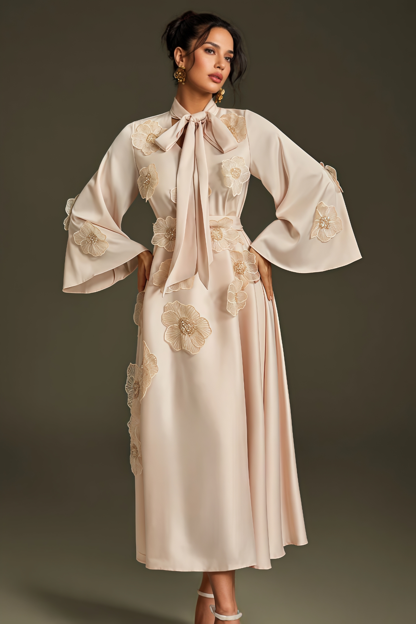 Fala Tie Up Flower Satin Maxi Dress