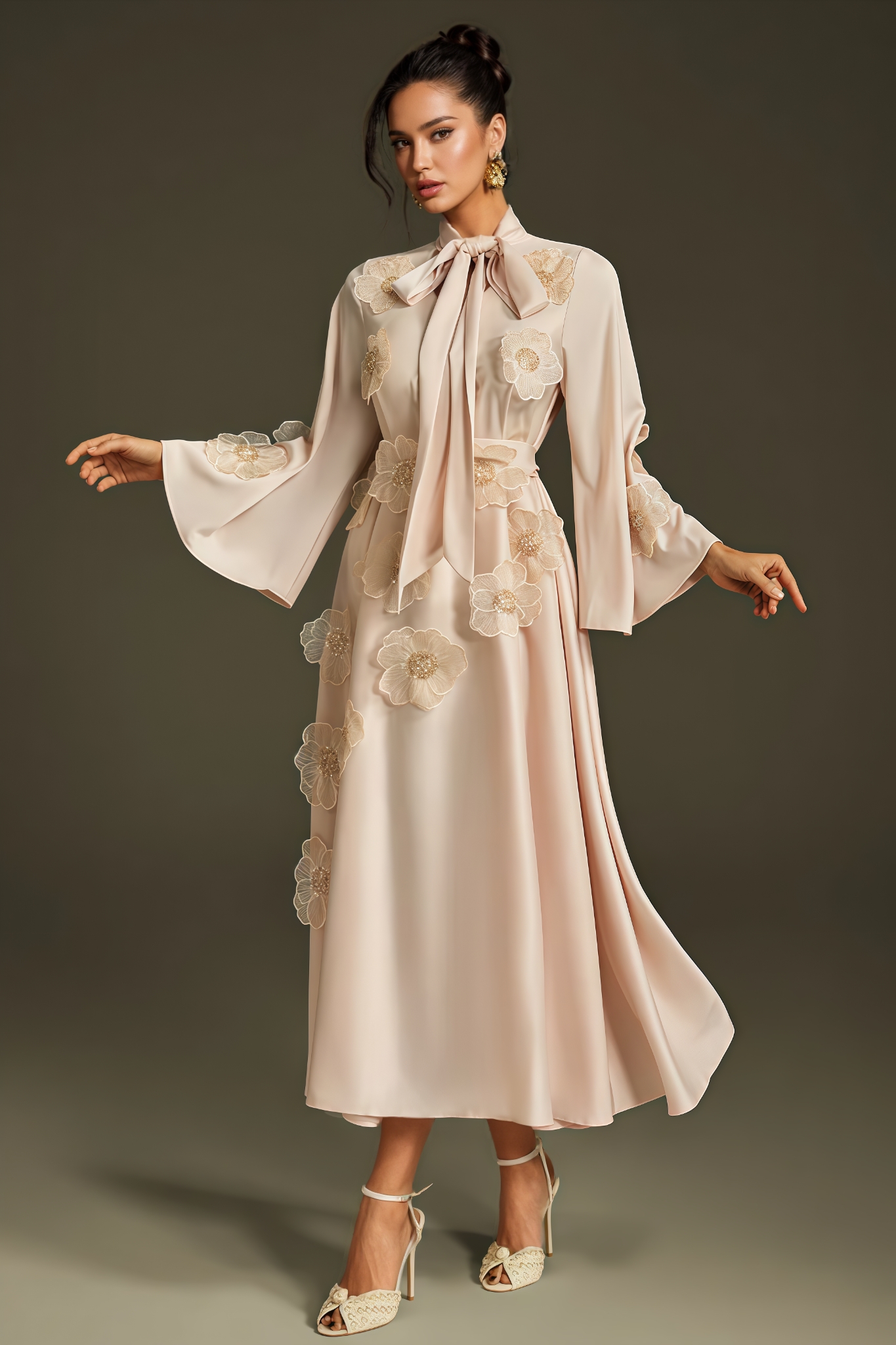 Fala Tie Up Flower Satin Maxi Dress