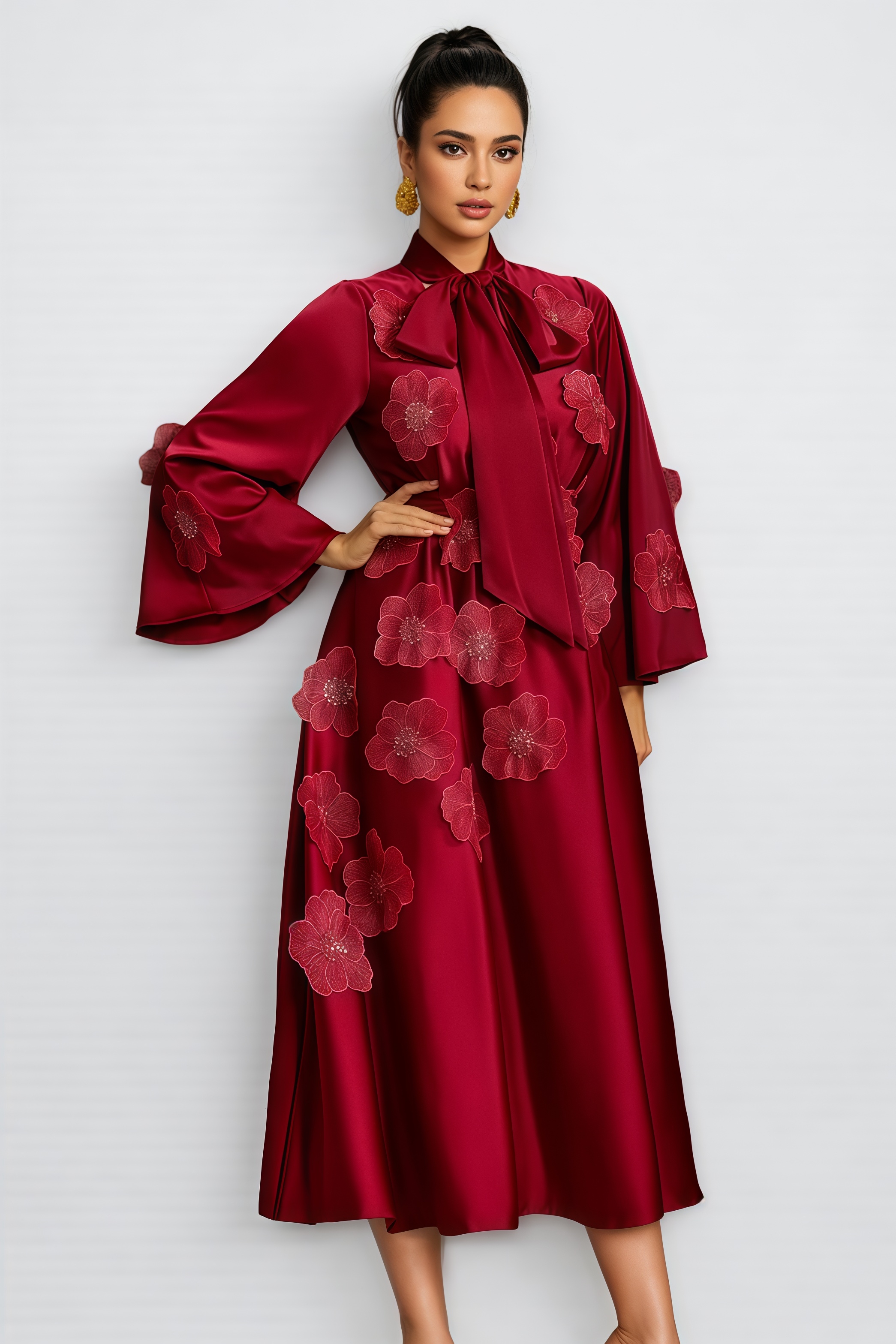 Eckhart Red Tie Up Flower Satin Maxi Dress