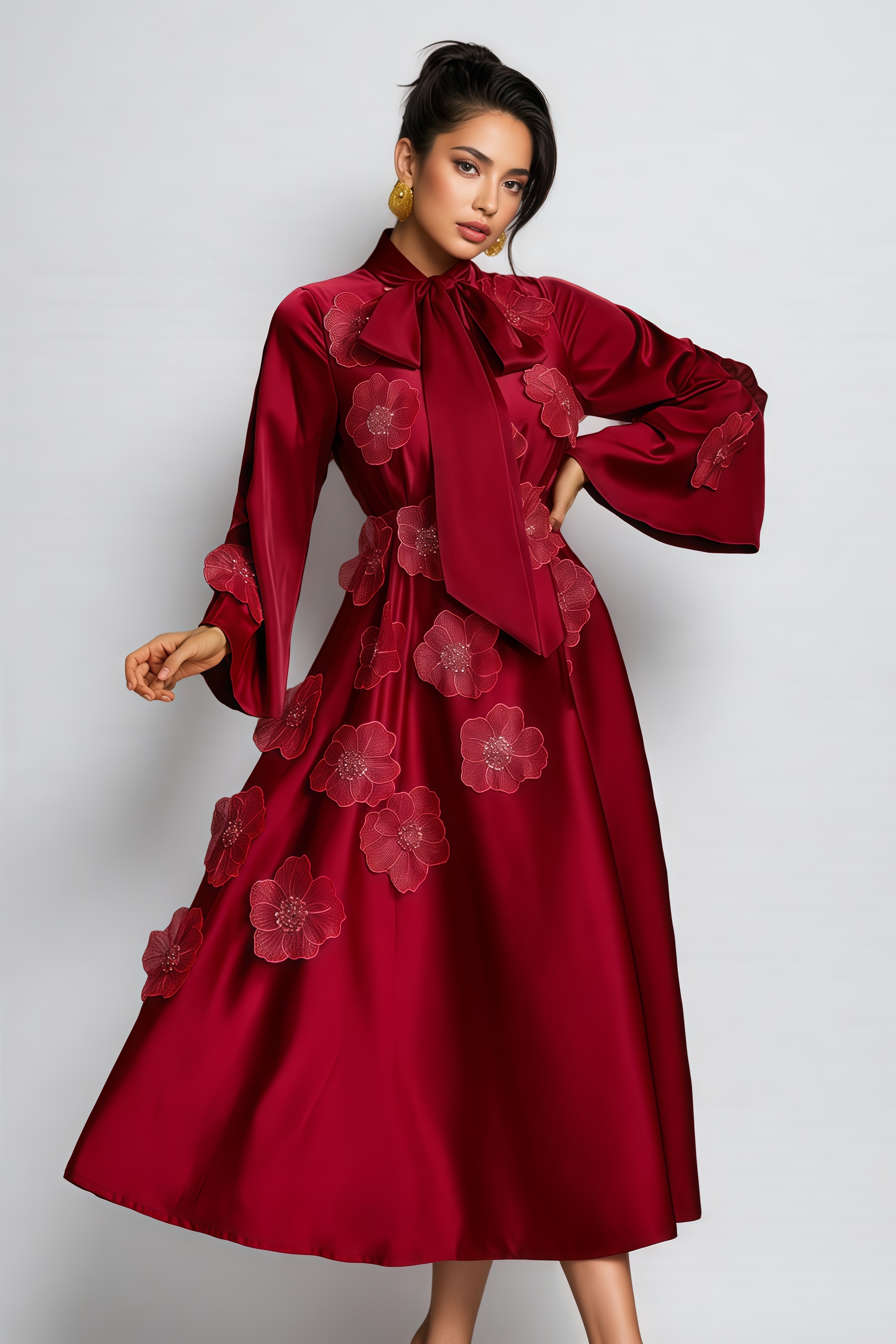 Eckhart Red Tie Up Flower Satin Maxi Dress