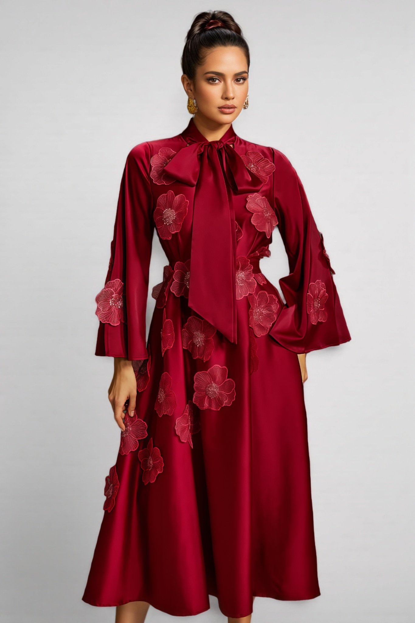 Eckhart Red Tie Up Flower Satin Maxi Dress