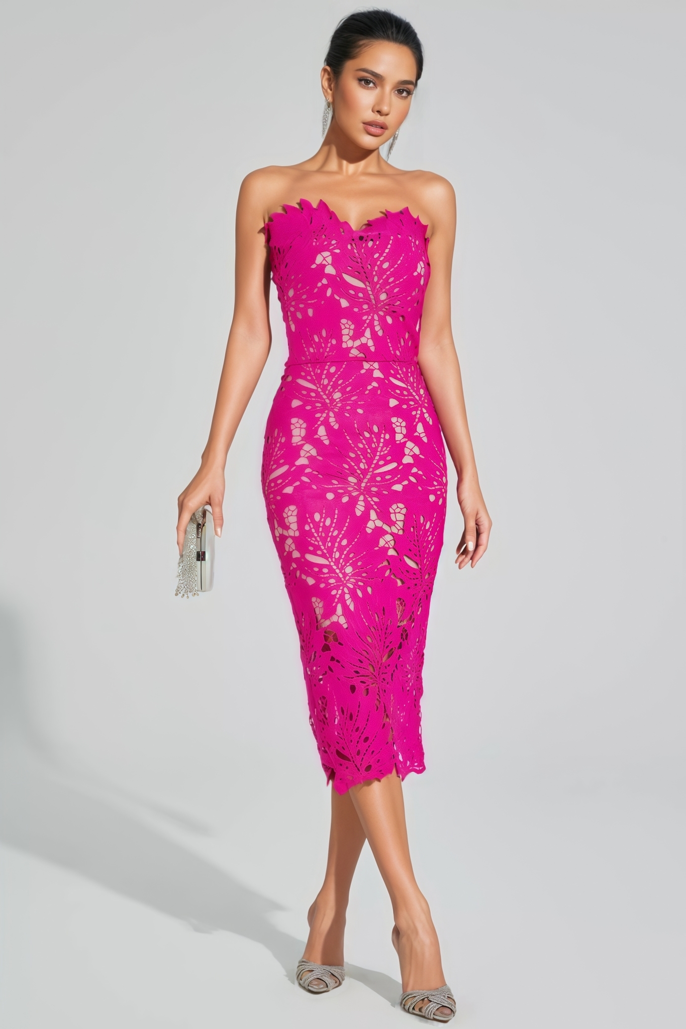 Oana Pink Floral Lace Midi Dress