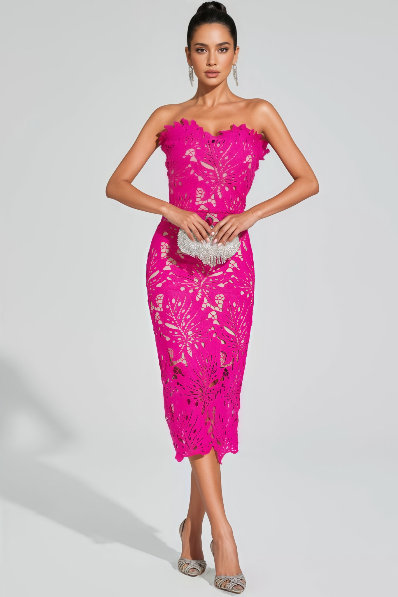 Oana Pink Floral Lace Midi Dress