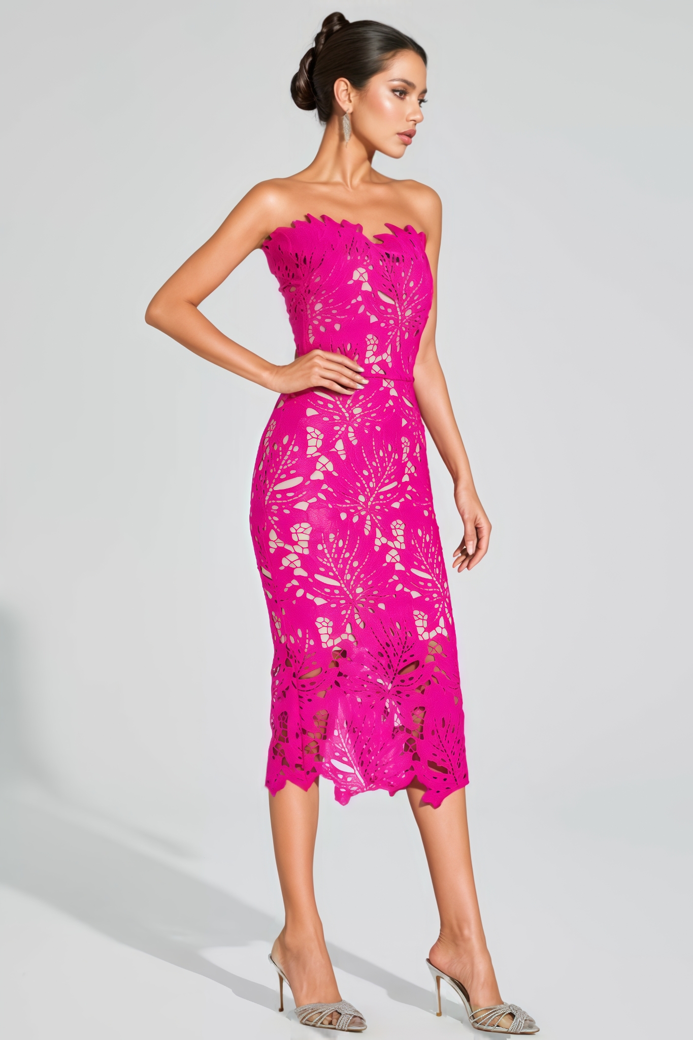 Oana Pink Floral Lace Midi Dress