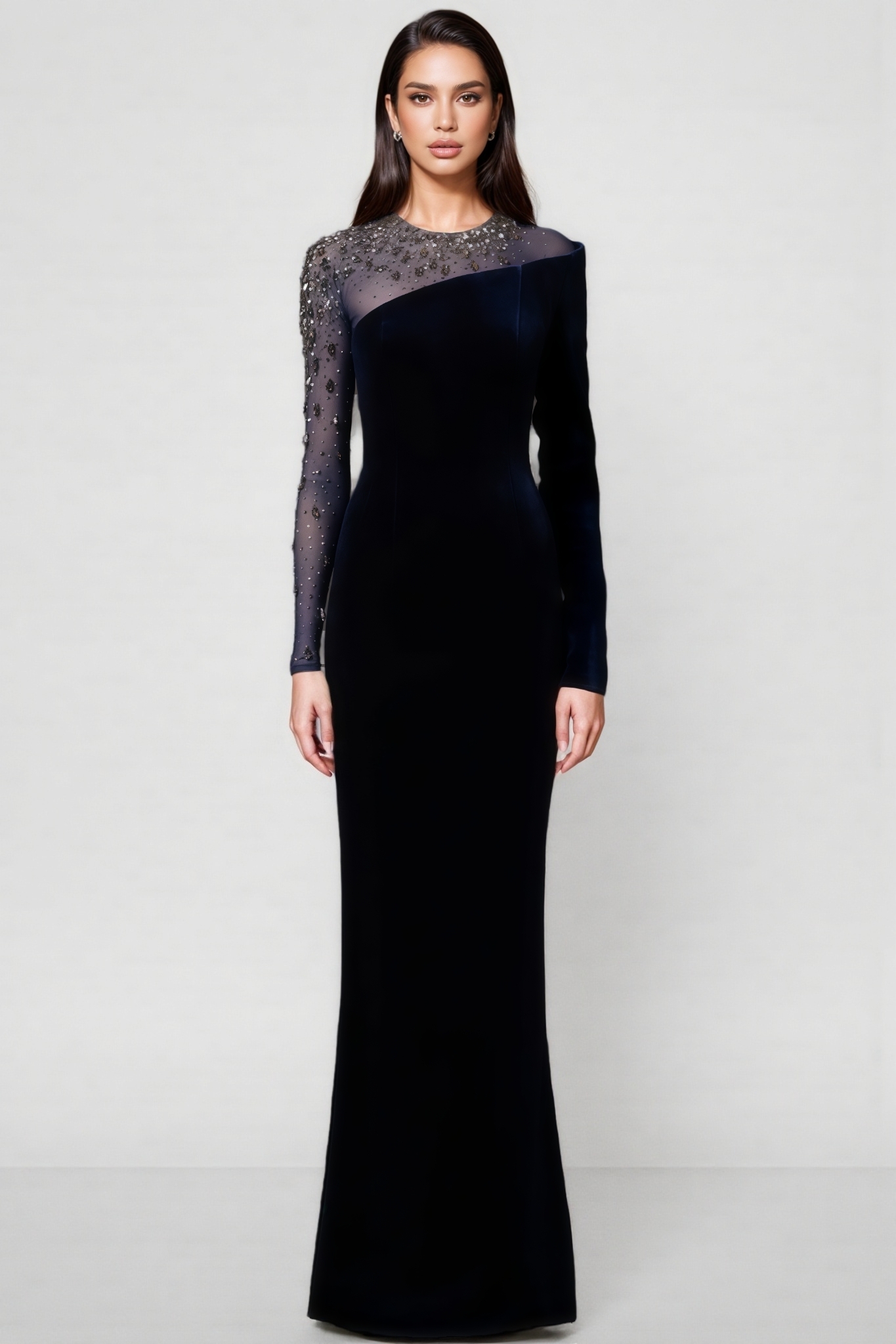 Evyra Blue Beaded Mesh Maxi Dress