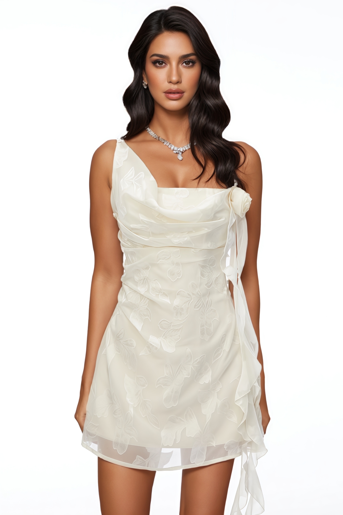 Kaxor White 3D Floral Draped Mini Dress