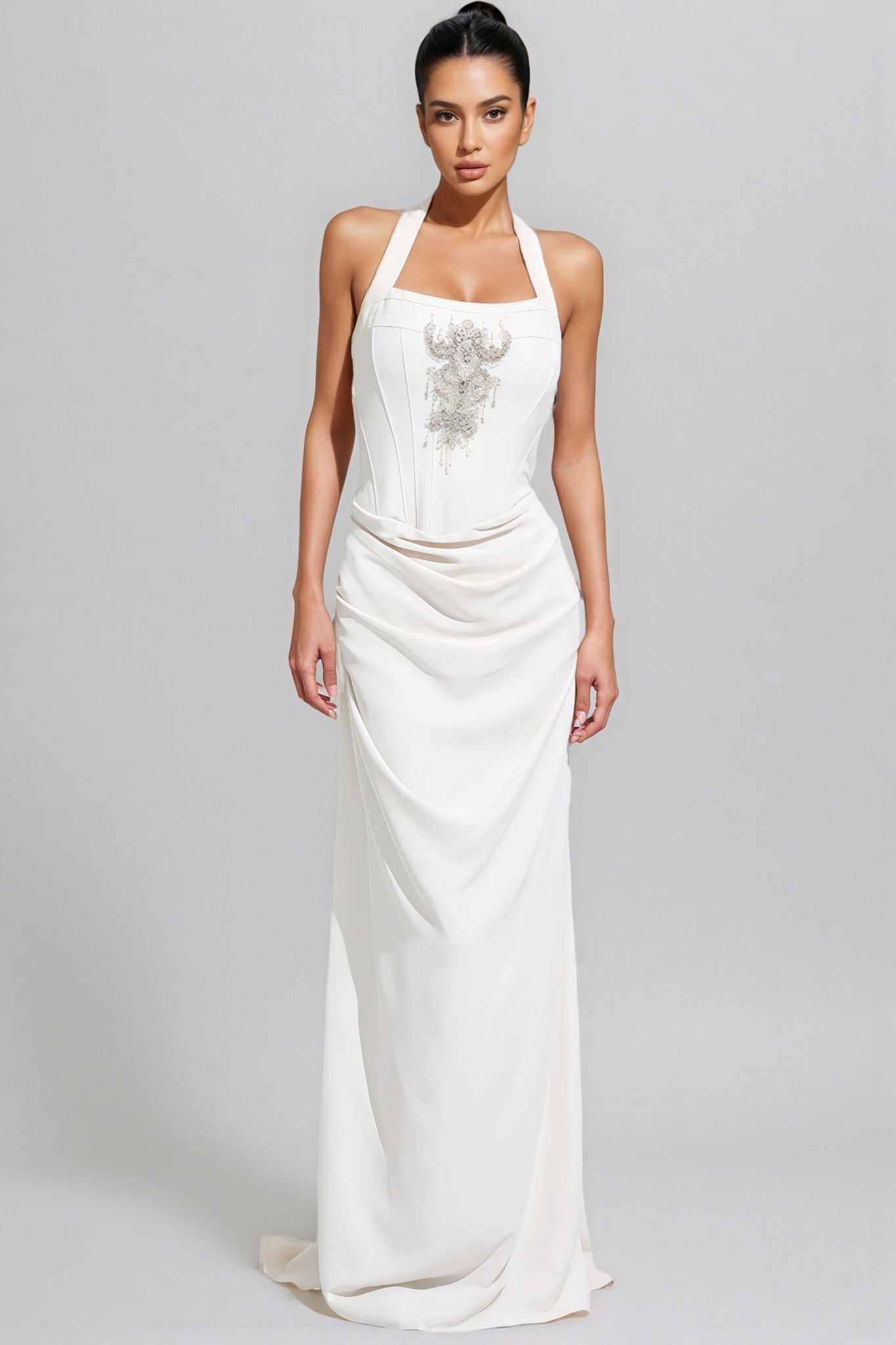 Xulea Beige Halter Neck Diamond Maxi Dress