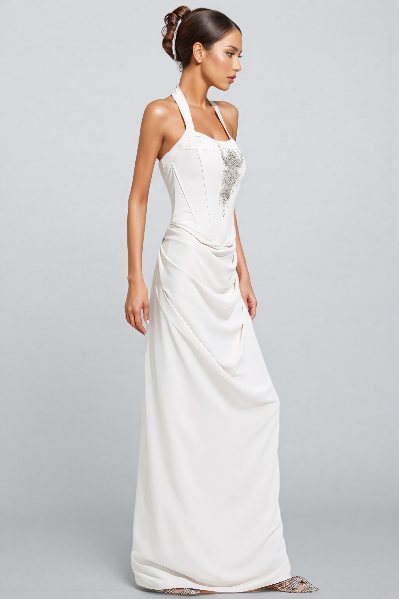 Xulea Beige Halter Neck Diamond Maxi Dress