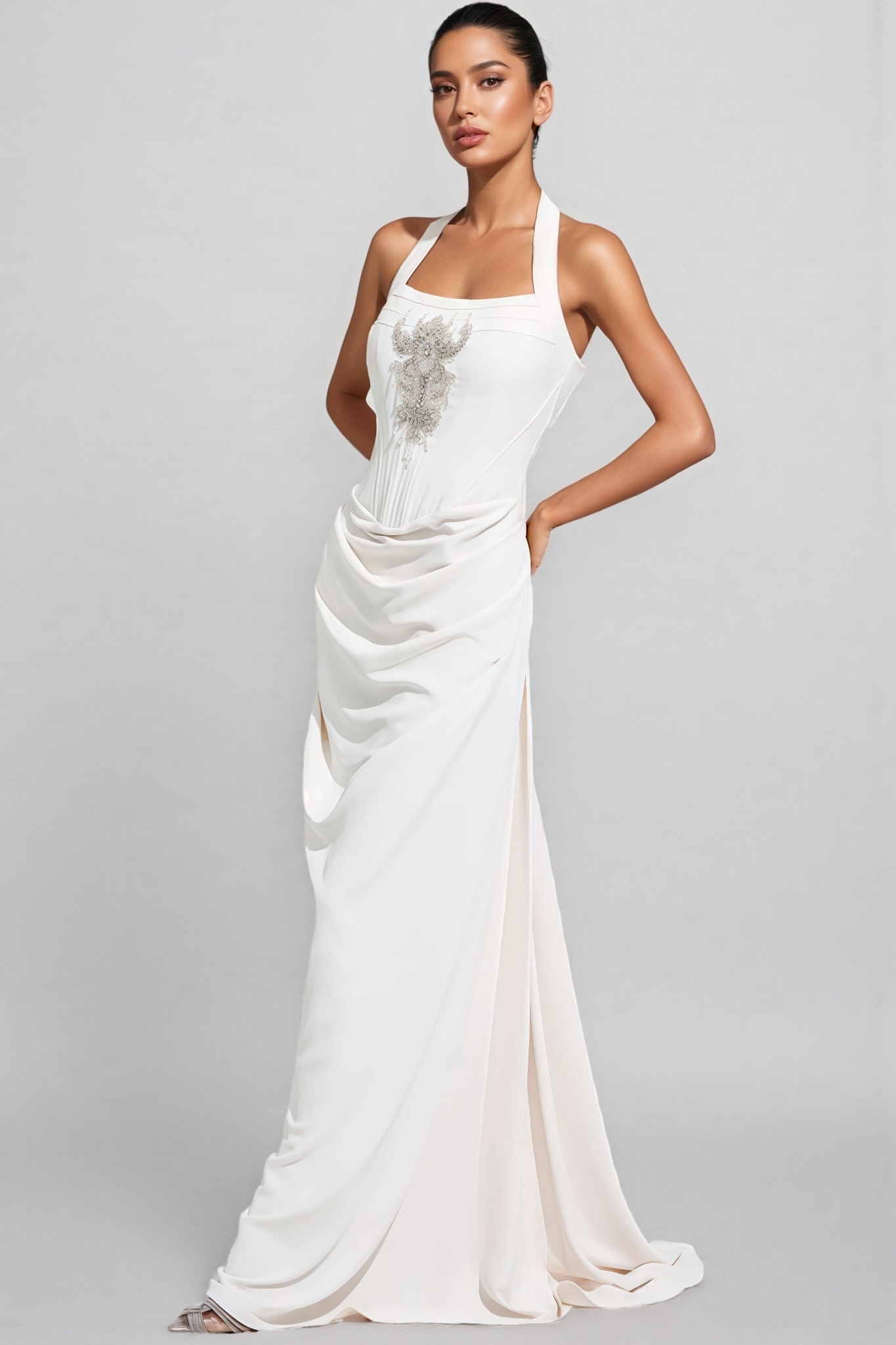 Xulea Beige Halter Neck Diamond Maxi Dress