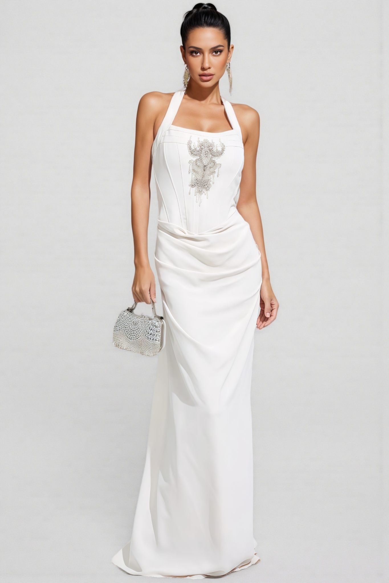 Xulea Beige Halter Neck Diamond Maxi Dress