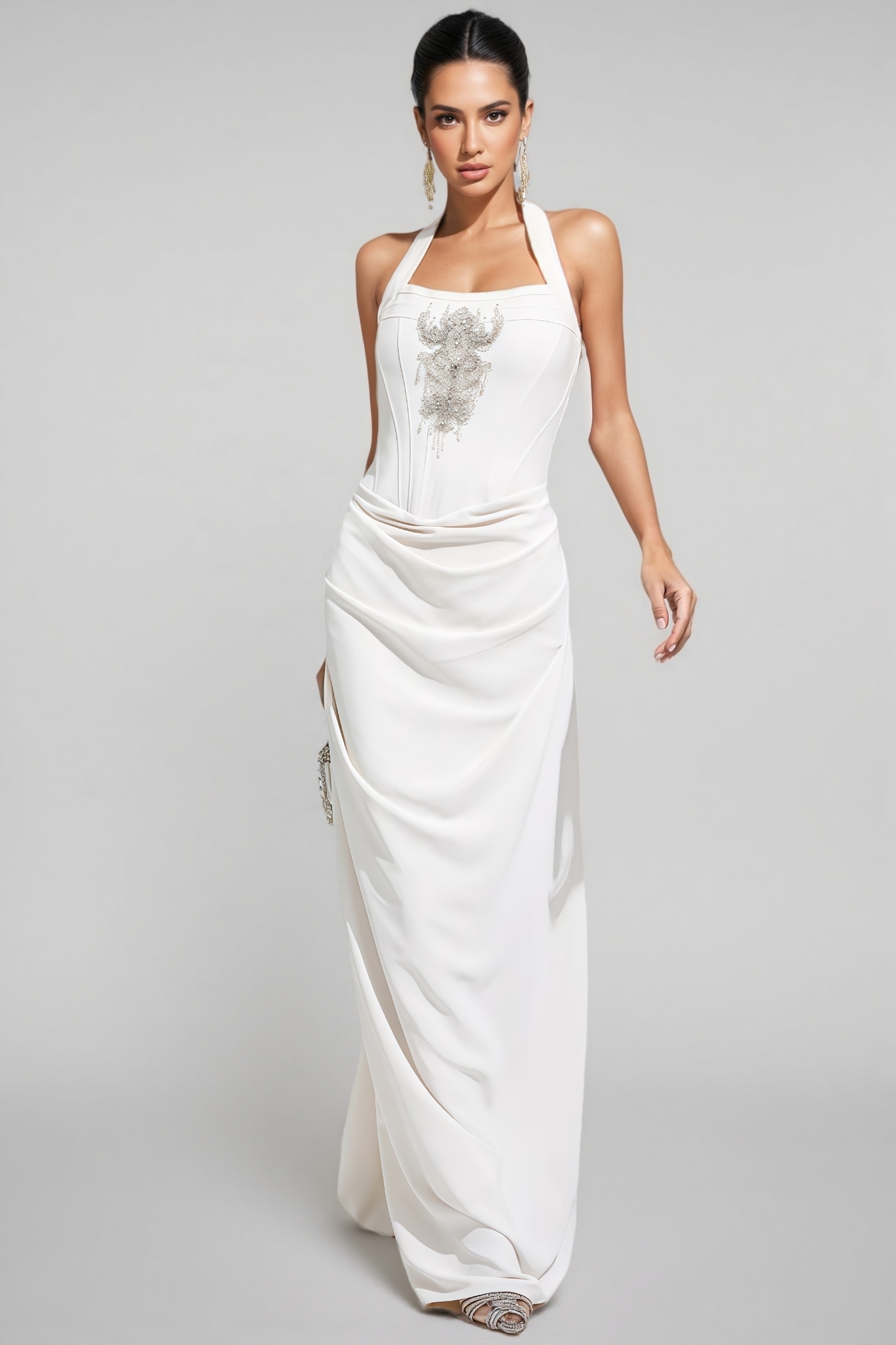 Xulea Beige Halter Neck Diamond Maxi Dress