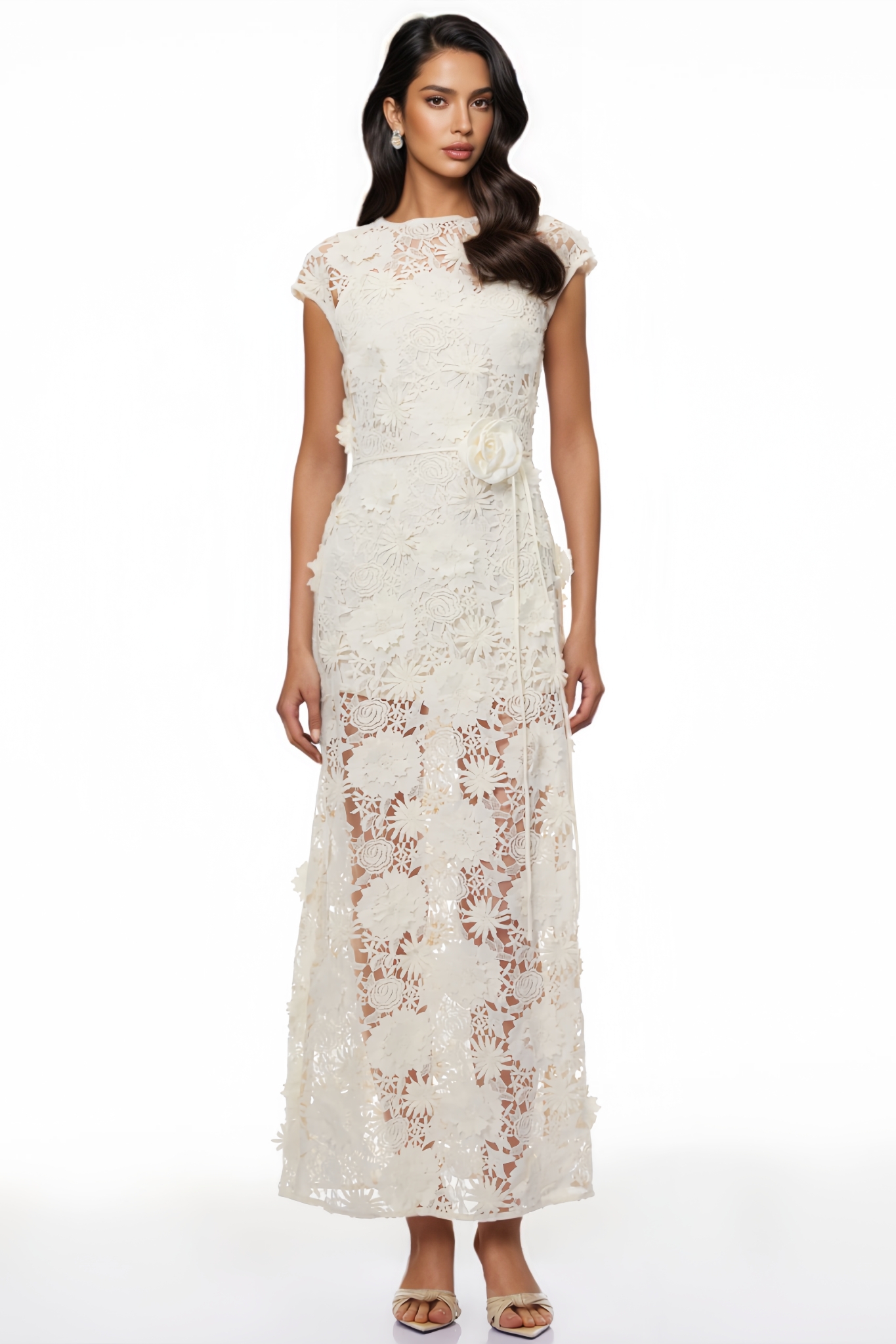 Naylen White 3D Floral Lace Maxi Dress