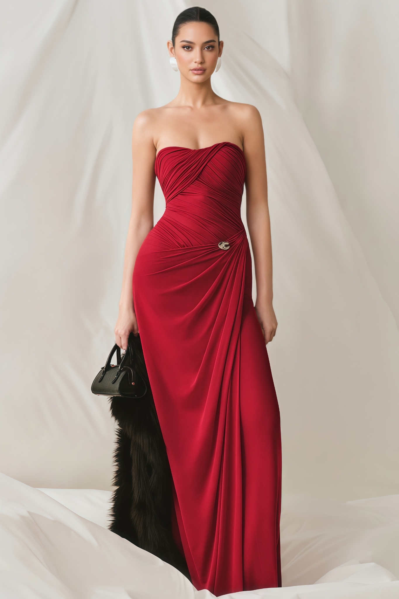 Monsan Red Strapless Pleated Maxi Dress