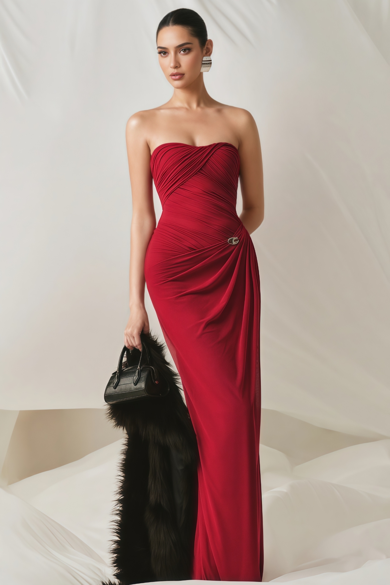 Monsan Red Strapless Pleated Maxi Dress