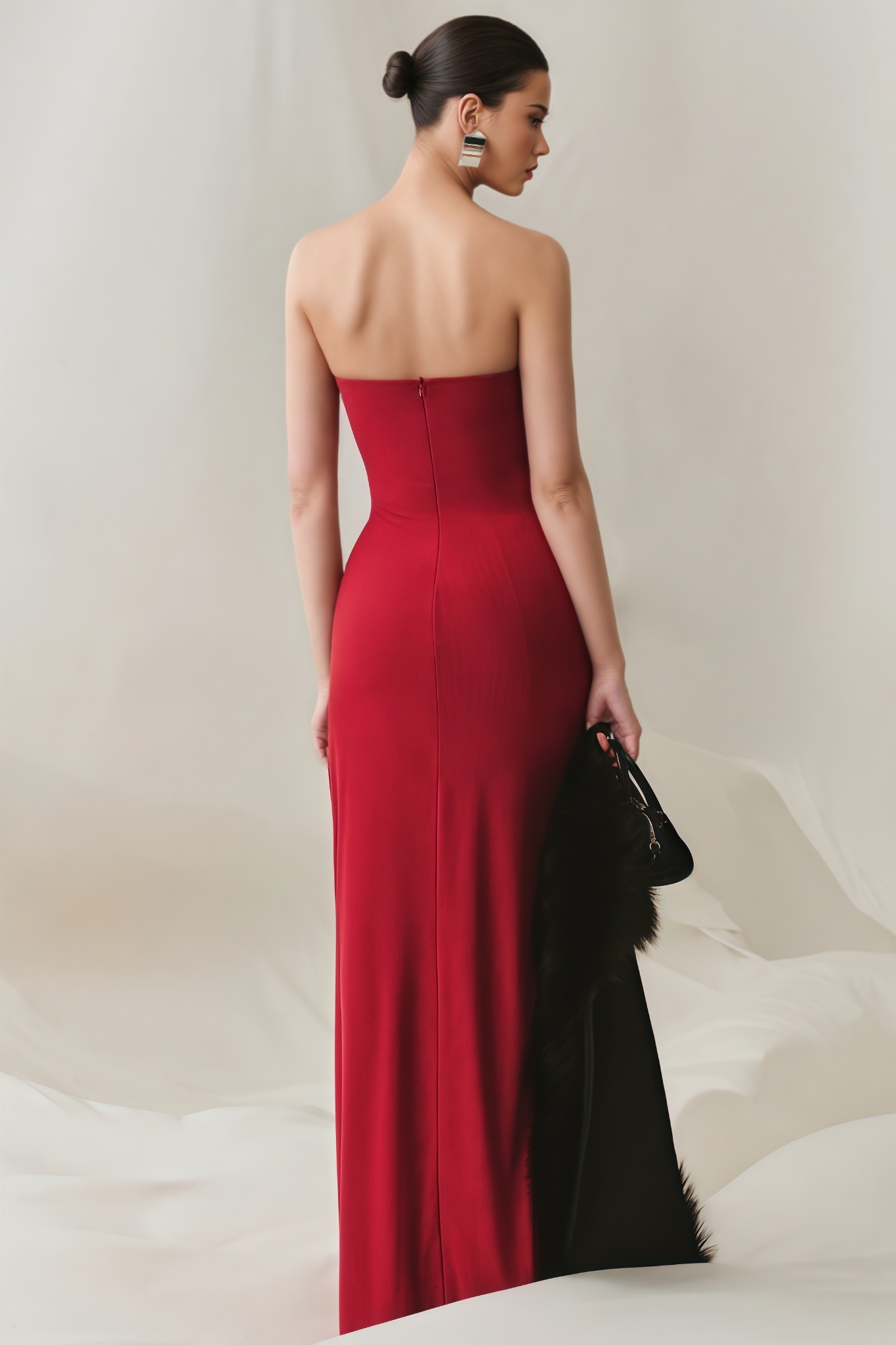 Monsan Red Strapless Pleated Maxi Dress