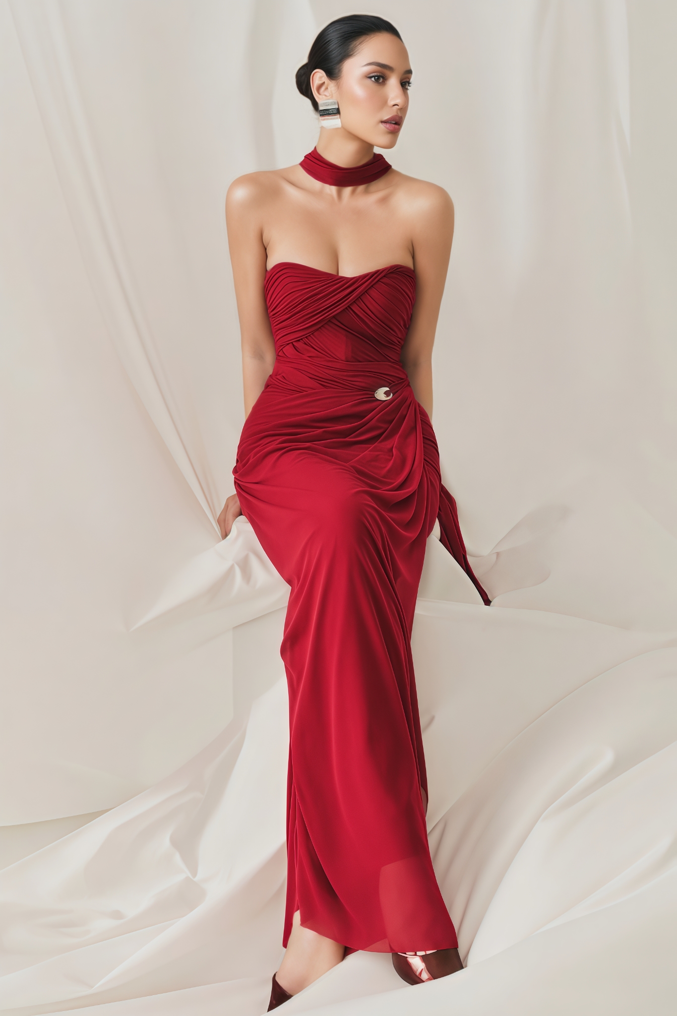 Monsan Red Strapless Pleated Maxi Dress