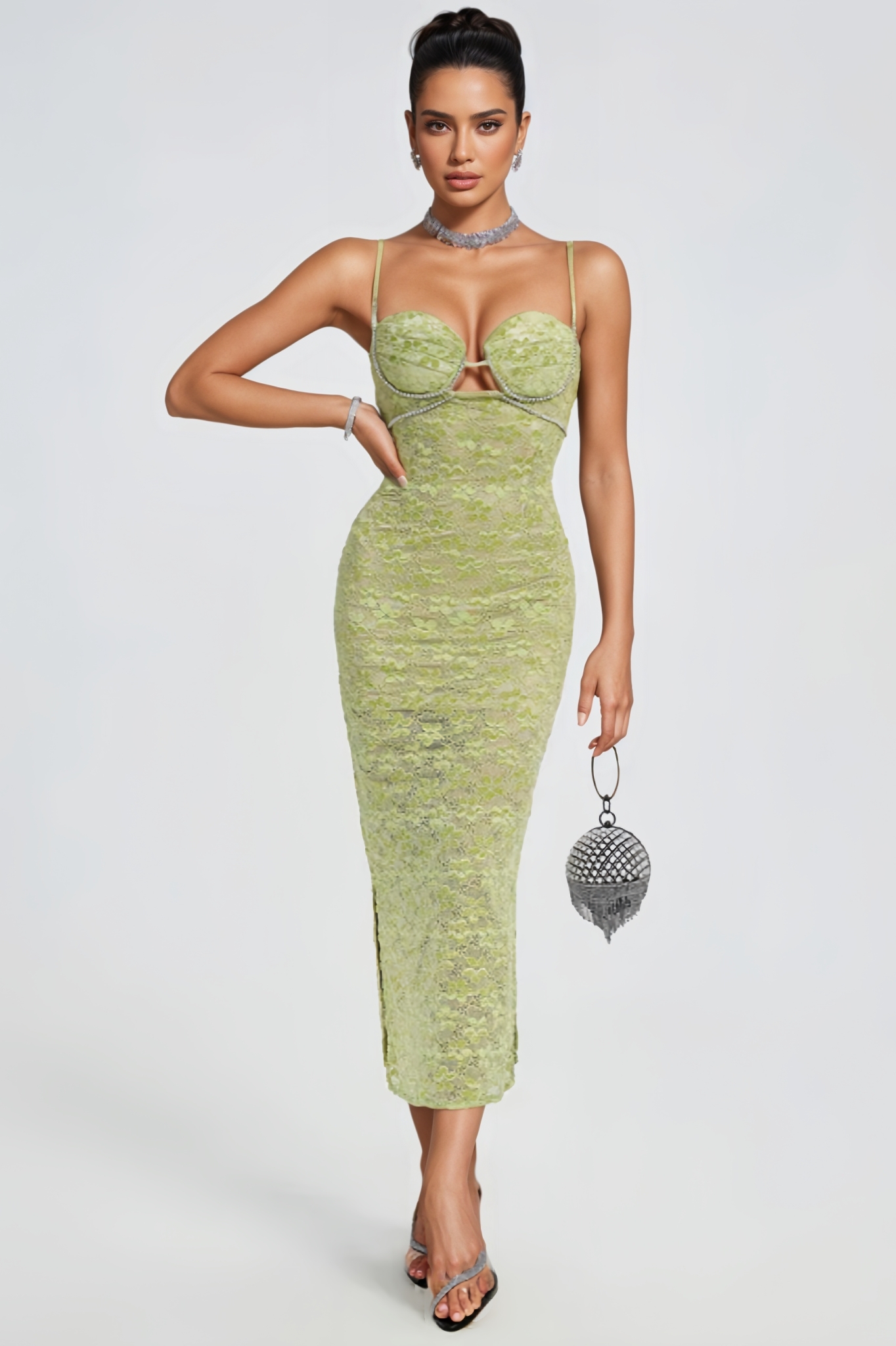 Ethan Lace Floral Crystal Chain Maxi Dress