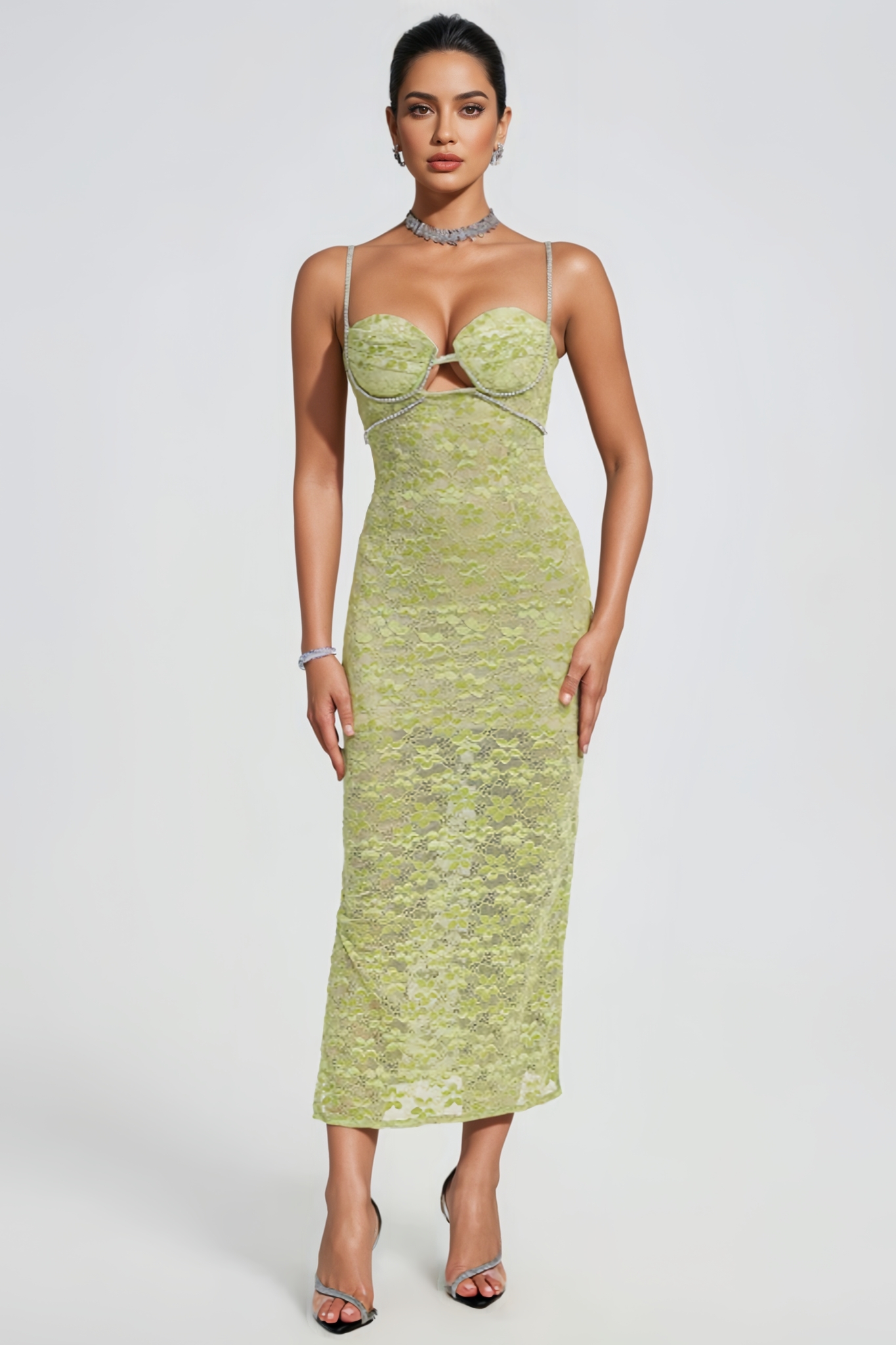 Ethan Lace Floral Crystal Chain Maxi Dress