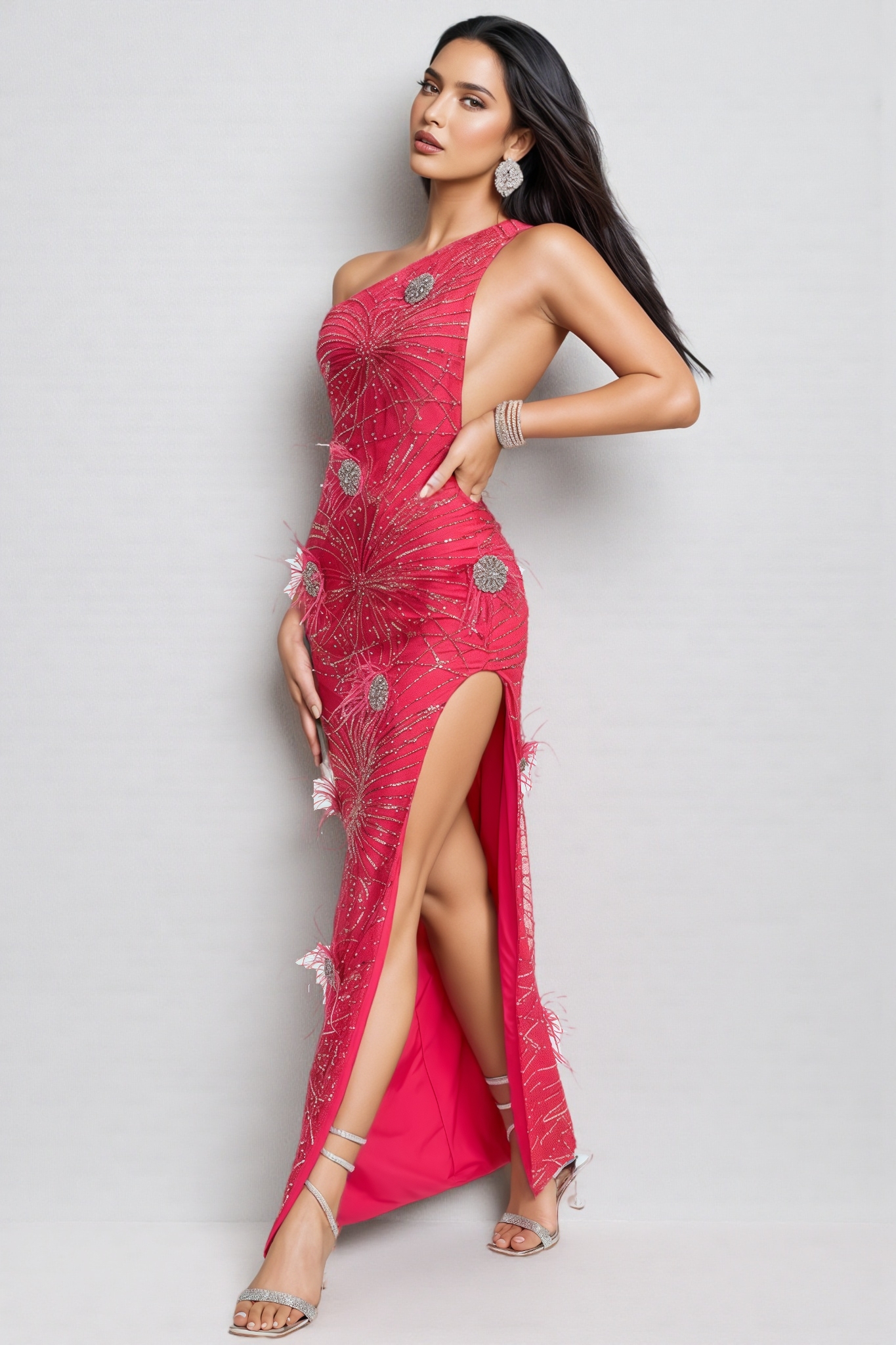 Simeon Pink Sequin High Split Maxi Dress