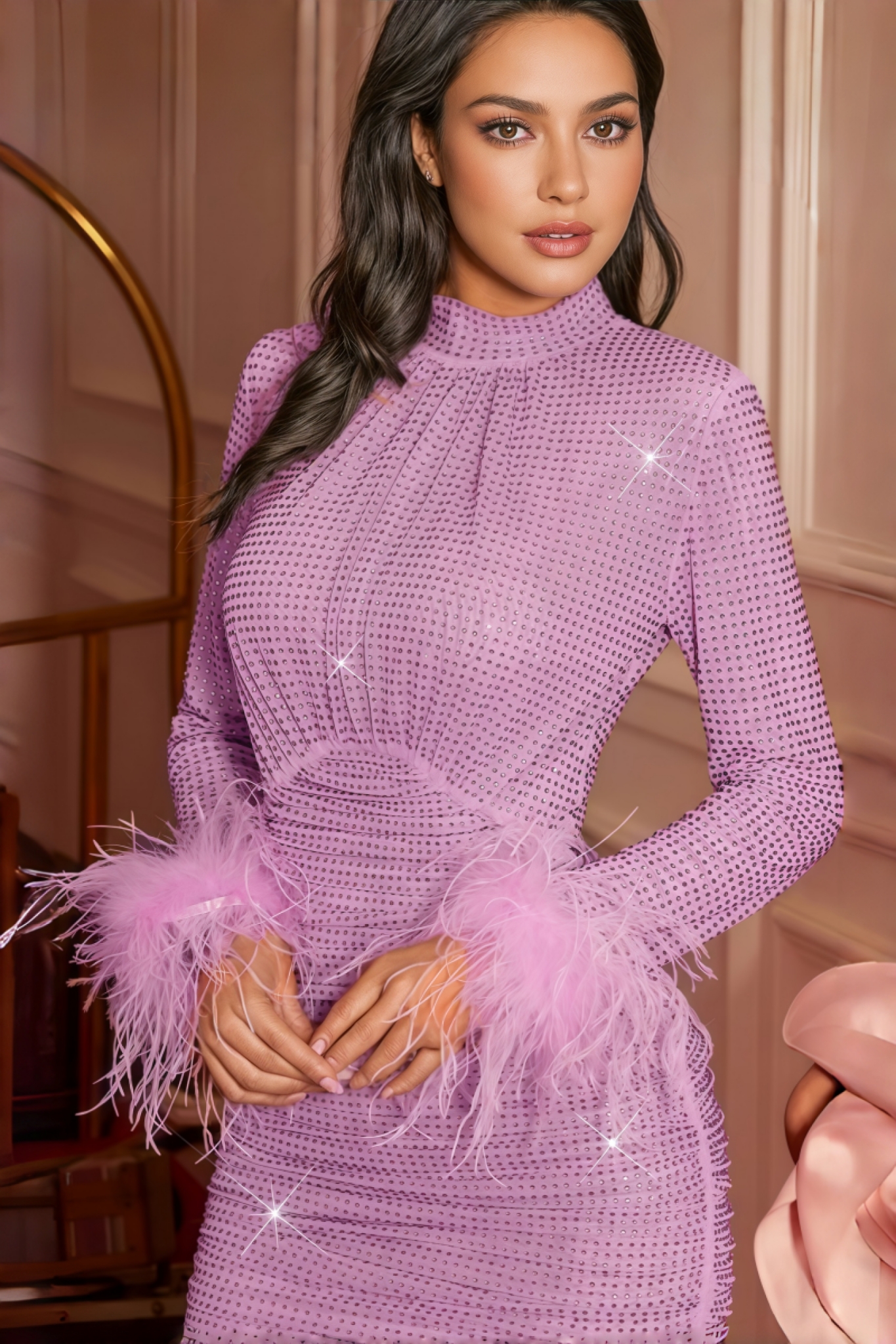 Pema Rhinestone Feather Embellished Mini Dress