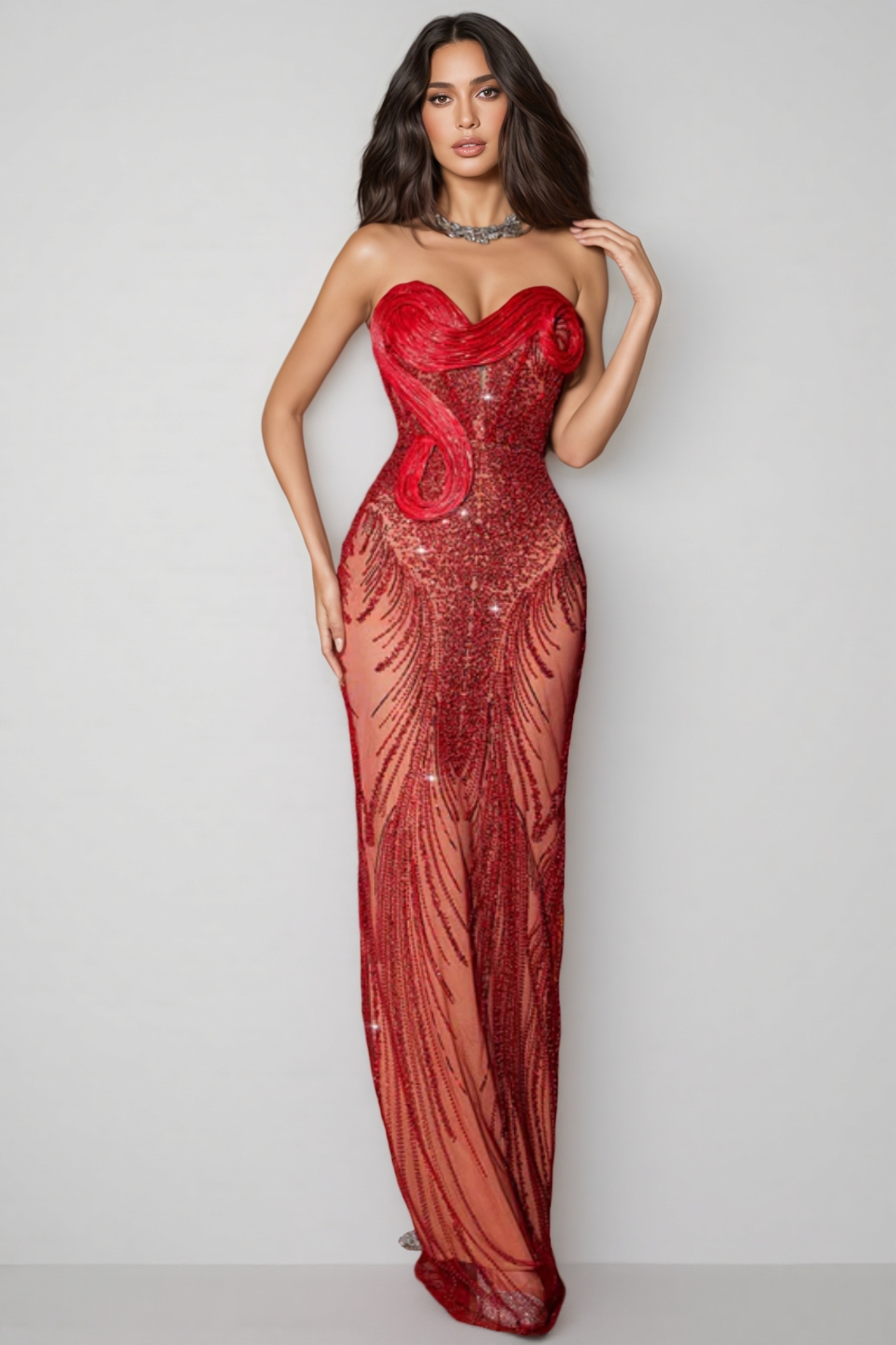 Donoma Strapless Sequin Mesh Maxi Dress