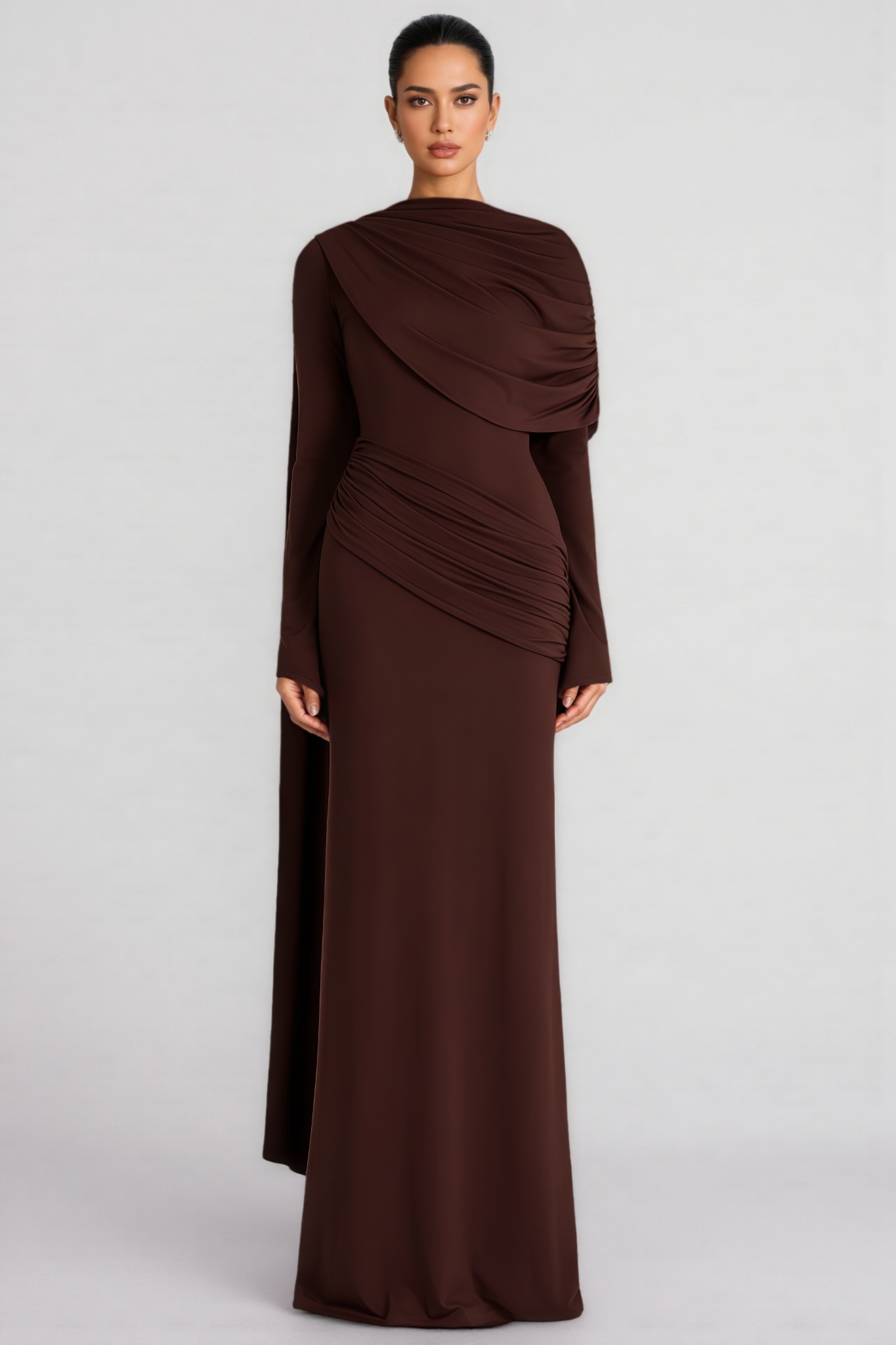 Isebalva Brown Long Sleeve Shawl Collar Maxi Dress