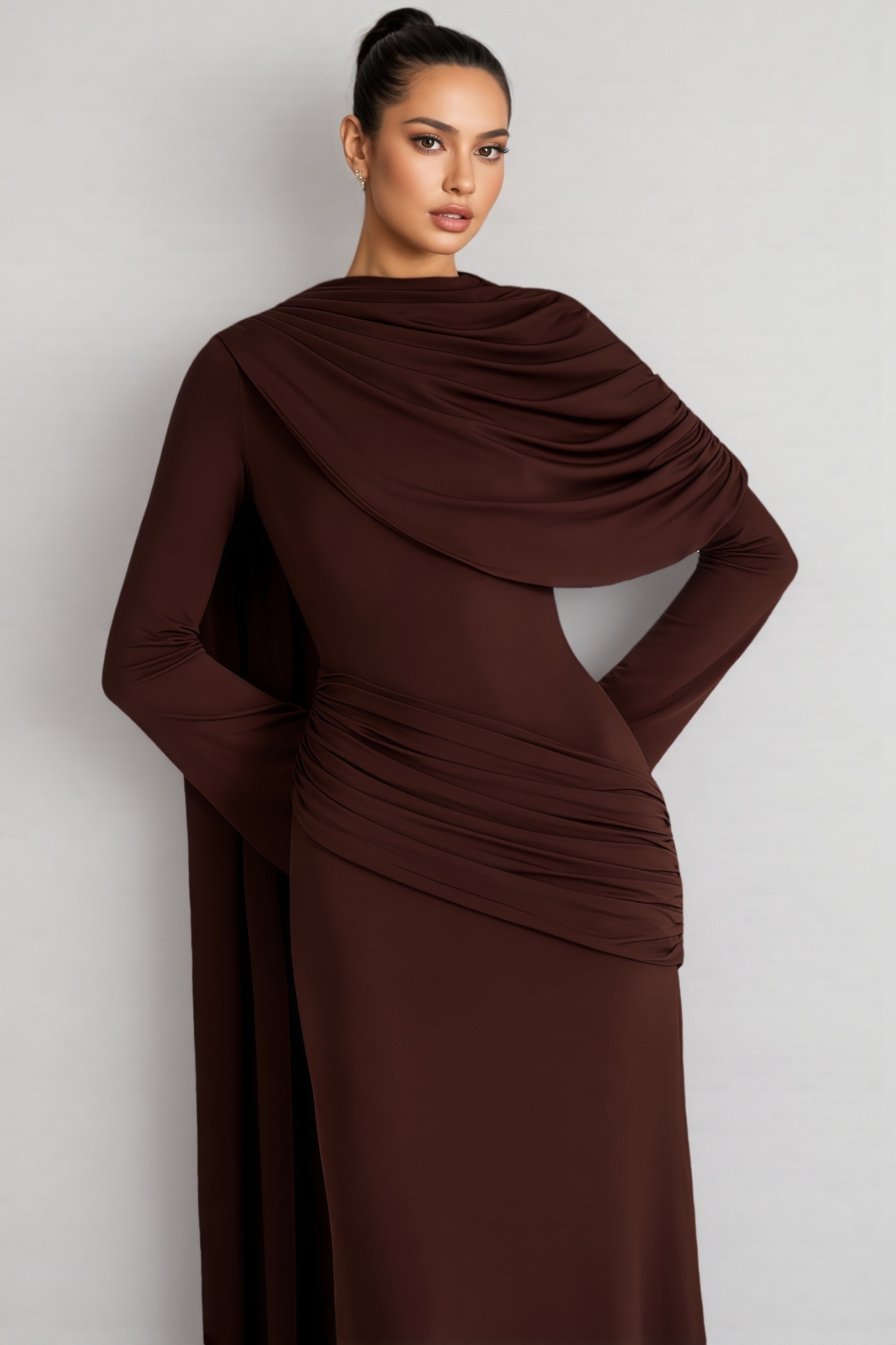 Isebalva Brown Long Sleeve Shawl Collar Maxi Dress