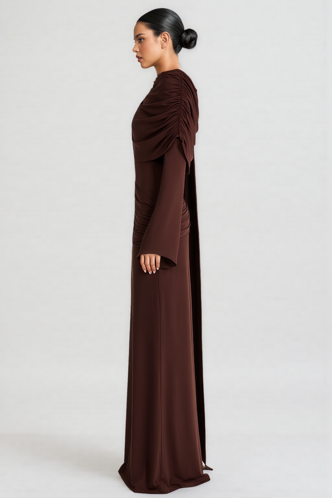 Isebalva Brown Long Sleeve Shawl Collar Maxi Dress
