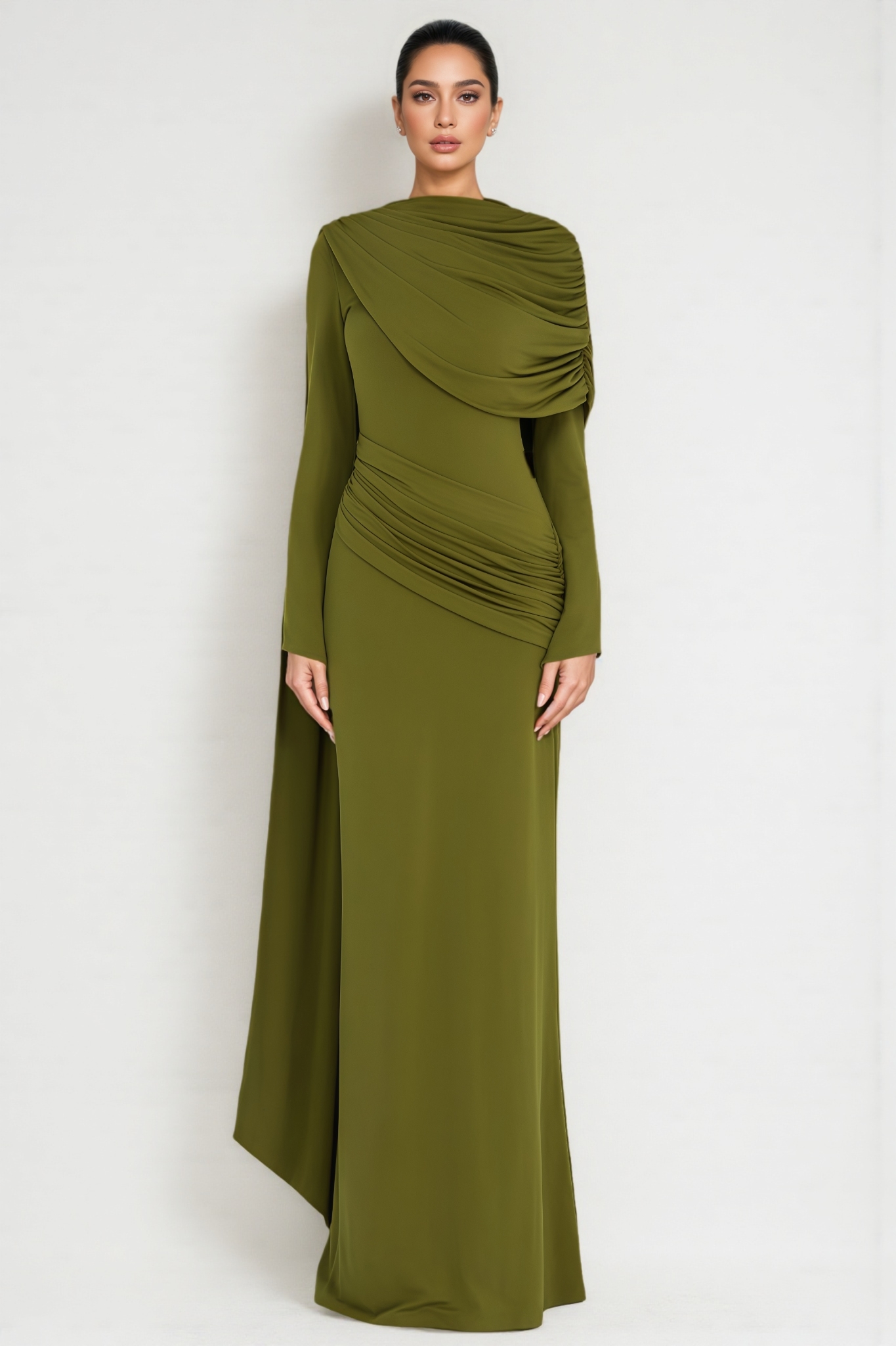 Jarmets Green Long Sleeve Shawl Collar Maxi Dress