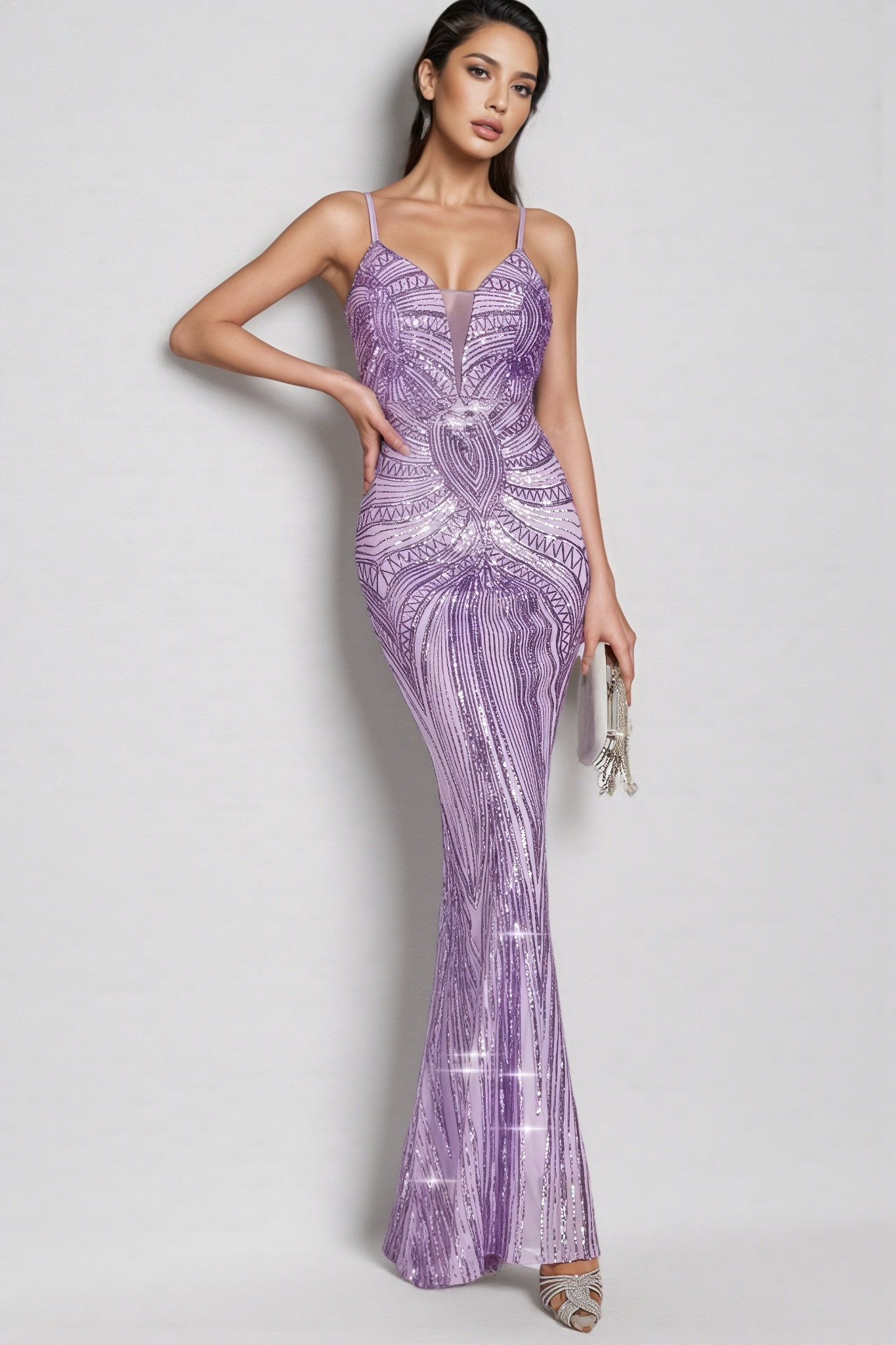 Niko Purple Mermaid Sequins Slip Maxi Dress