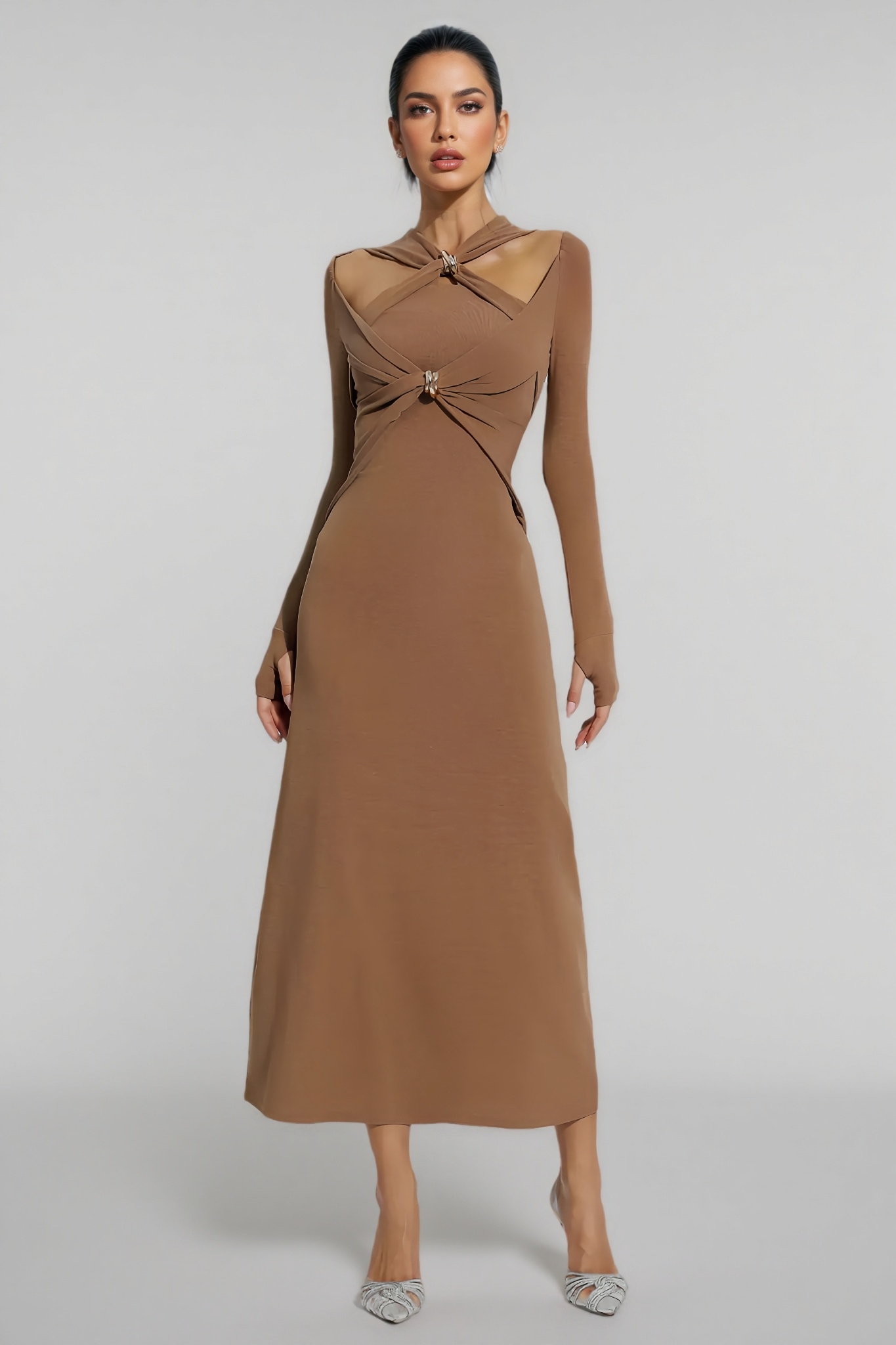 Ilana Solid Colour Strappy Maxi Dress-Brown