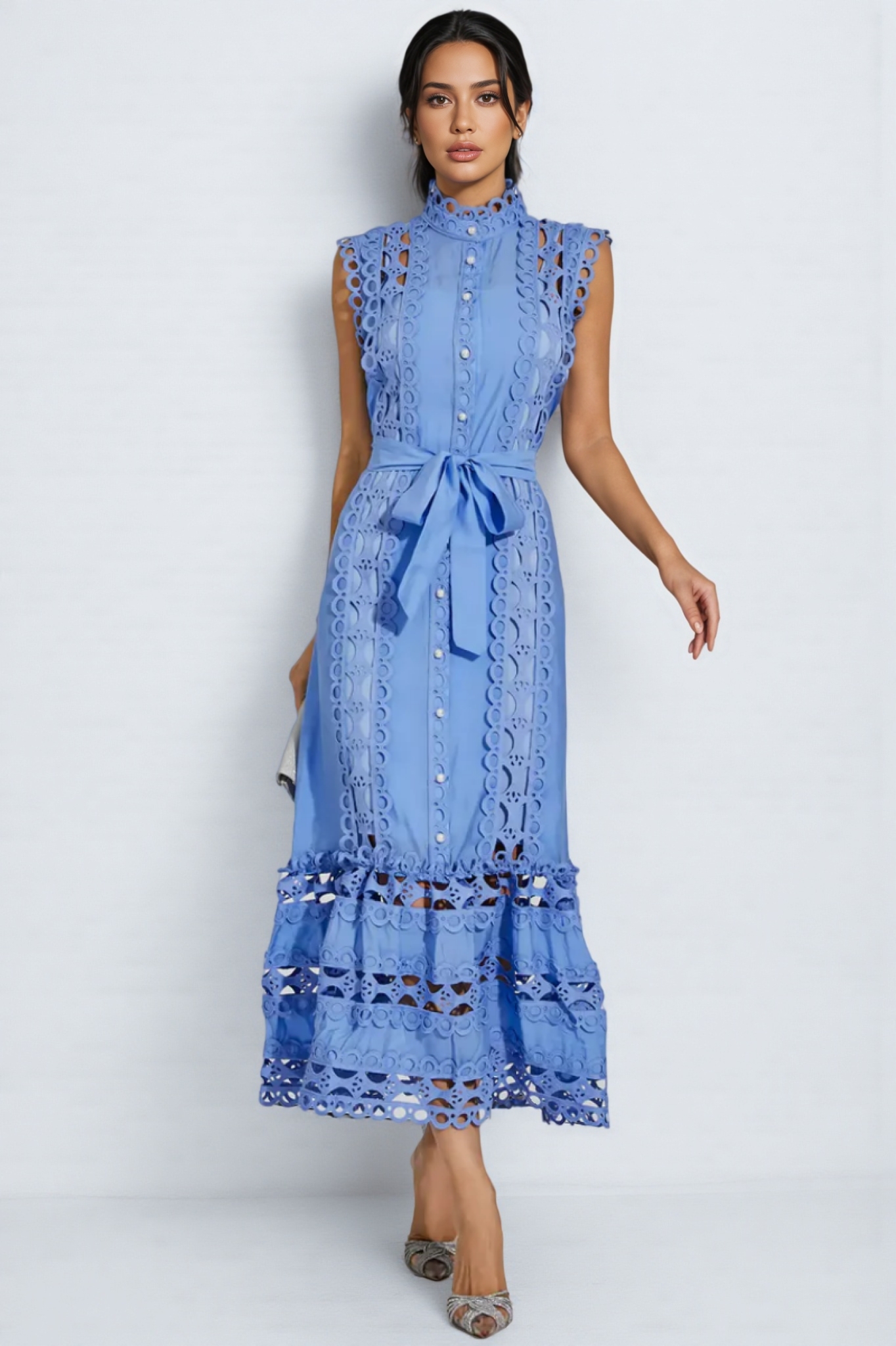 Mellies Blue Sleeveless Hollow Maxi Dress