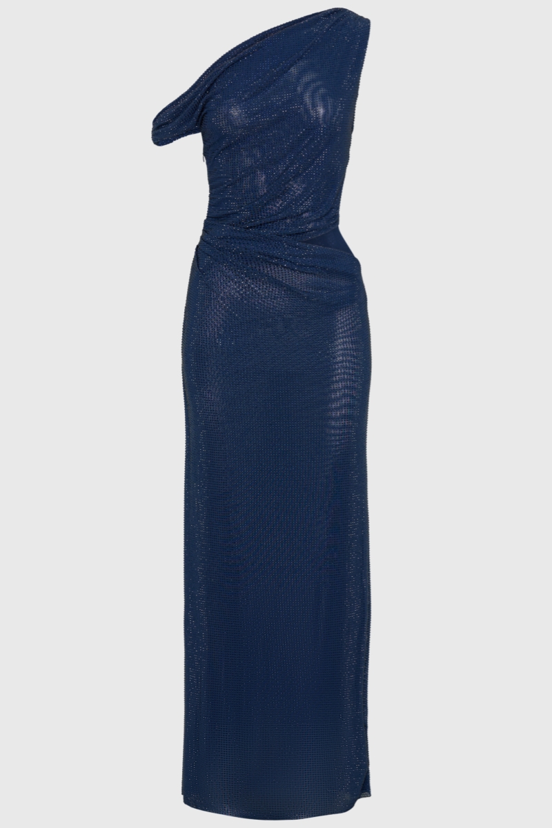 Enoah Blue Diamante One Shoulder Maxi Dress