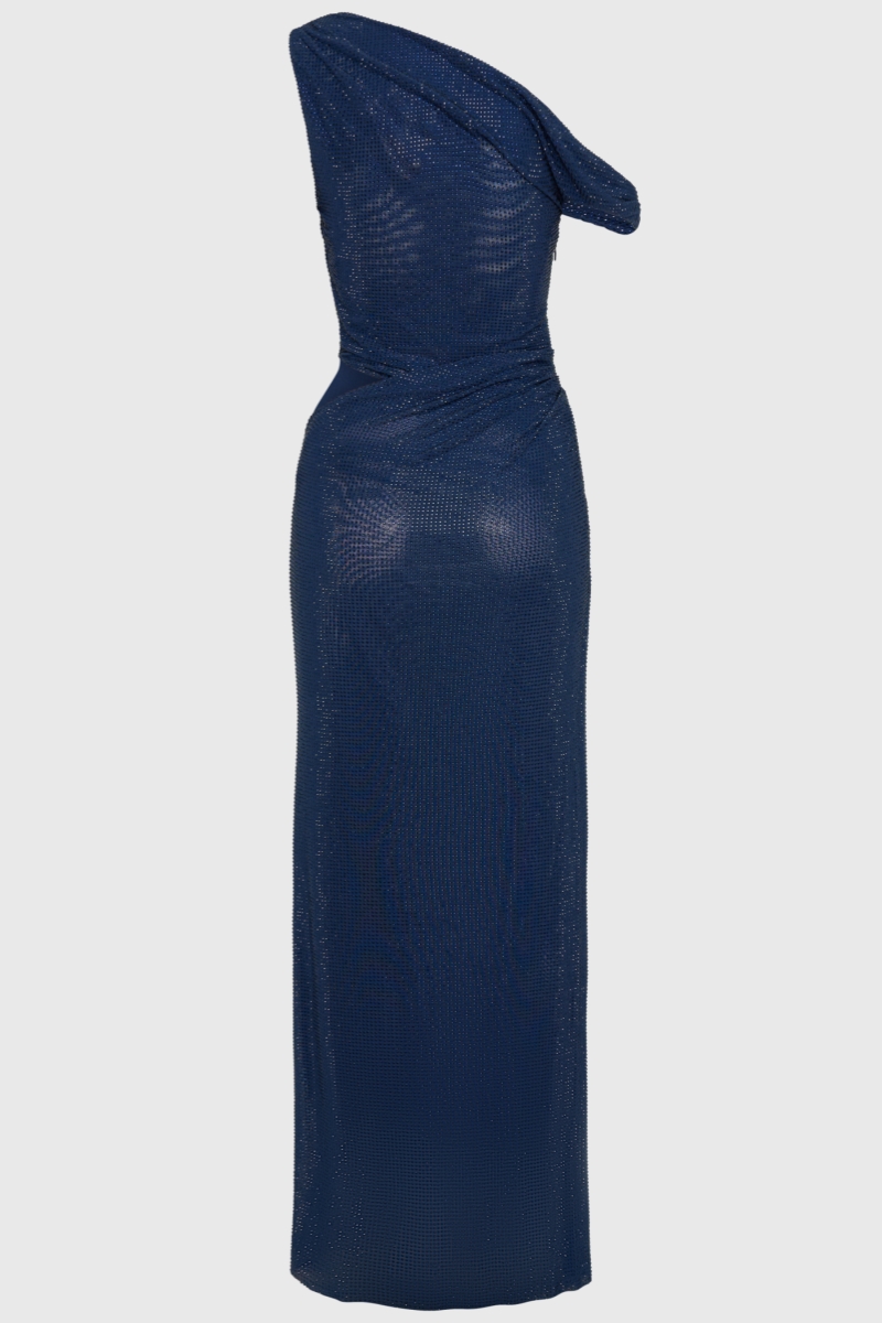 Enoah Blue Diamante One Shoulder Maxi Dress
