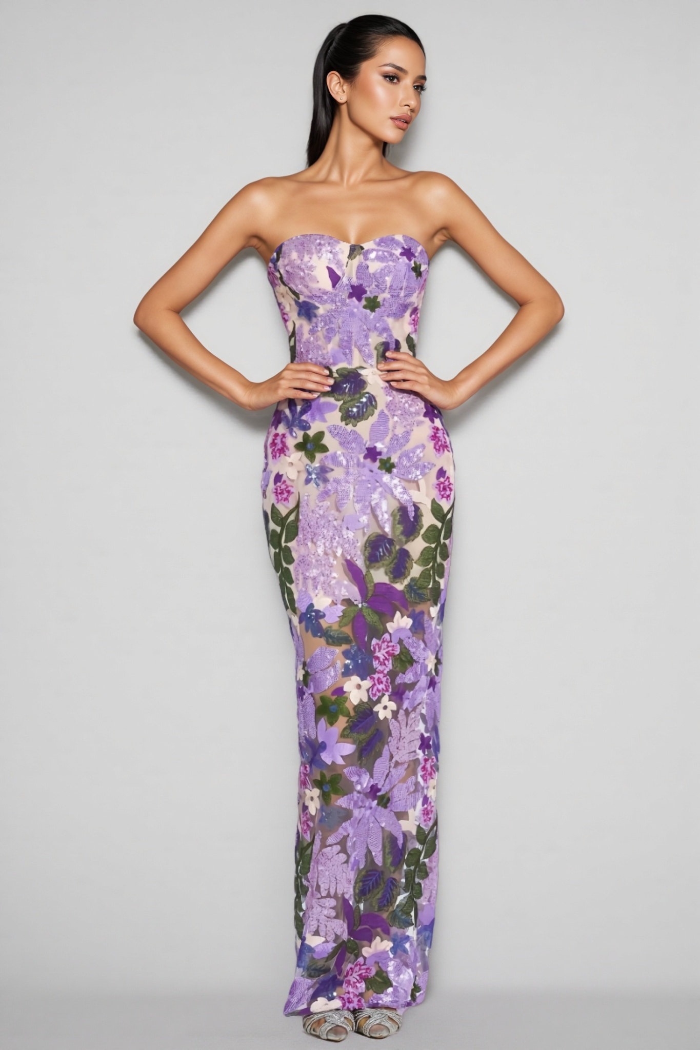Rinia Sequin Floral Maxi Dress-Purple