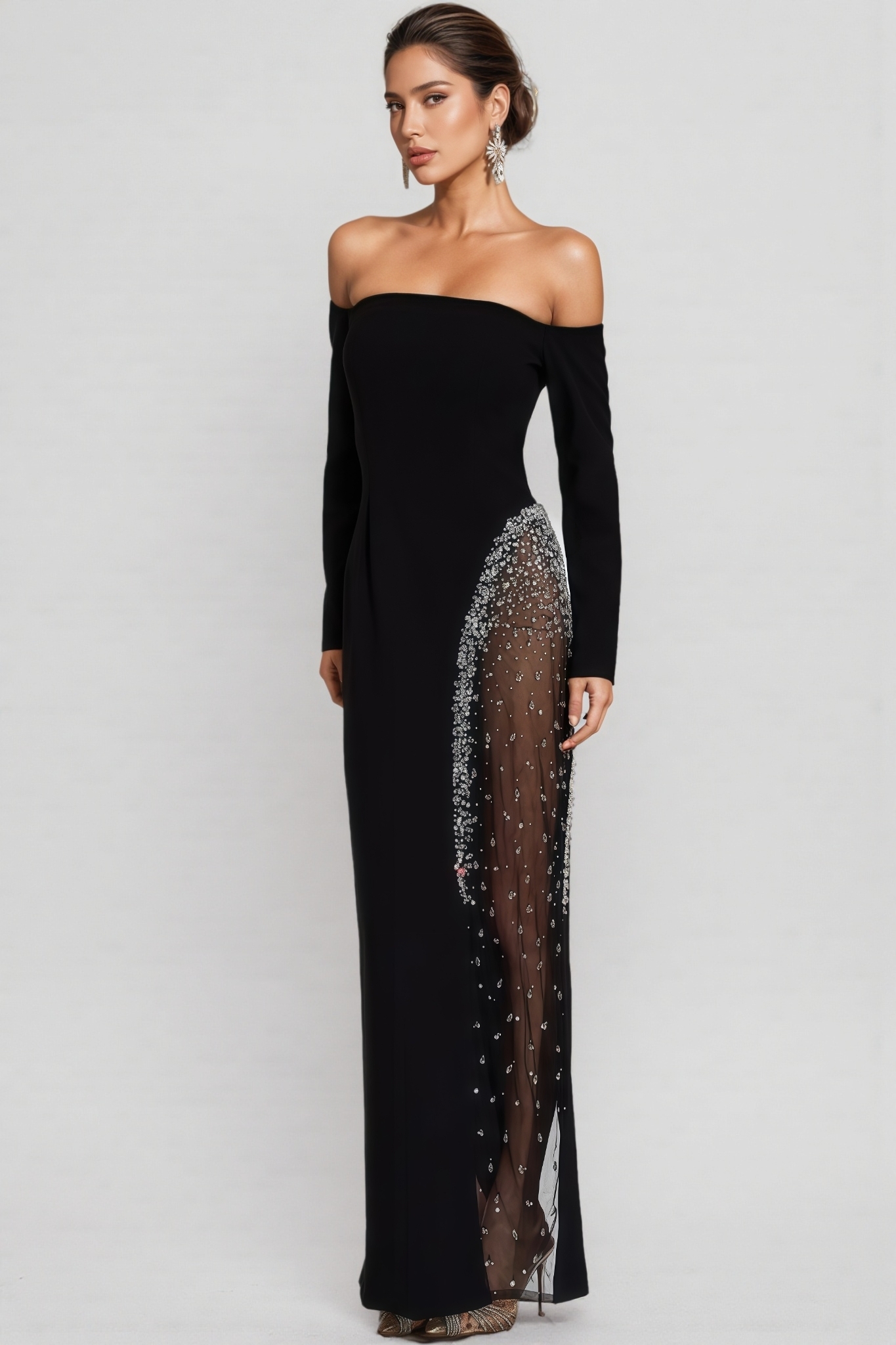 Tris Black Diamond Studded Mash Maxi Dress