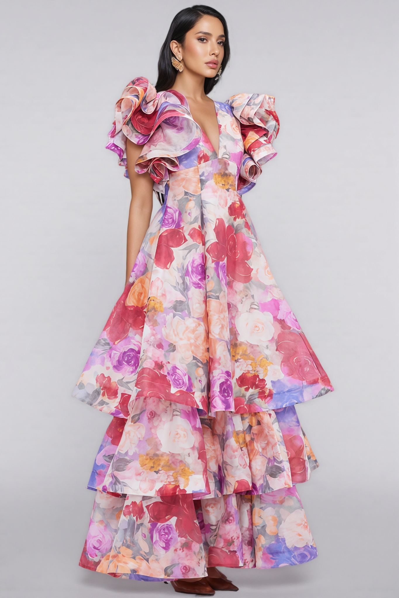 Mabel V Neck Floral Ruffle Maxi Dress