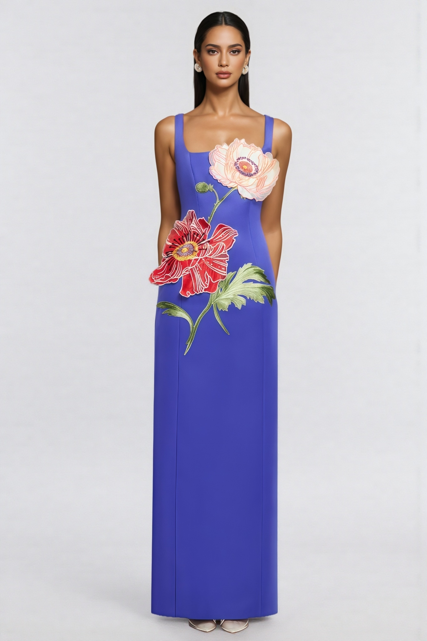 Jalosn Blue Embroidered Floral Maxi Dress