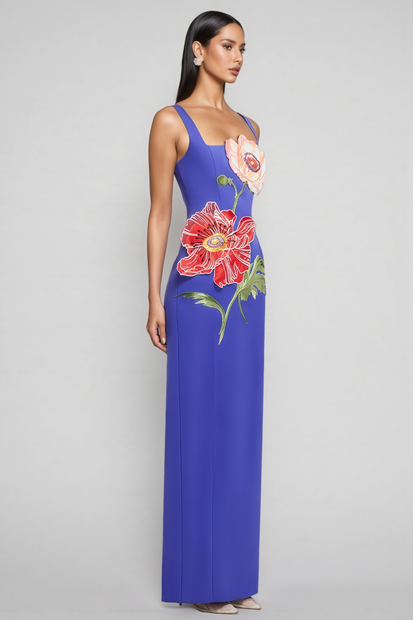 Jalosn Blue Embroidered Floral Maxi Dress