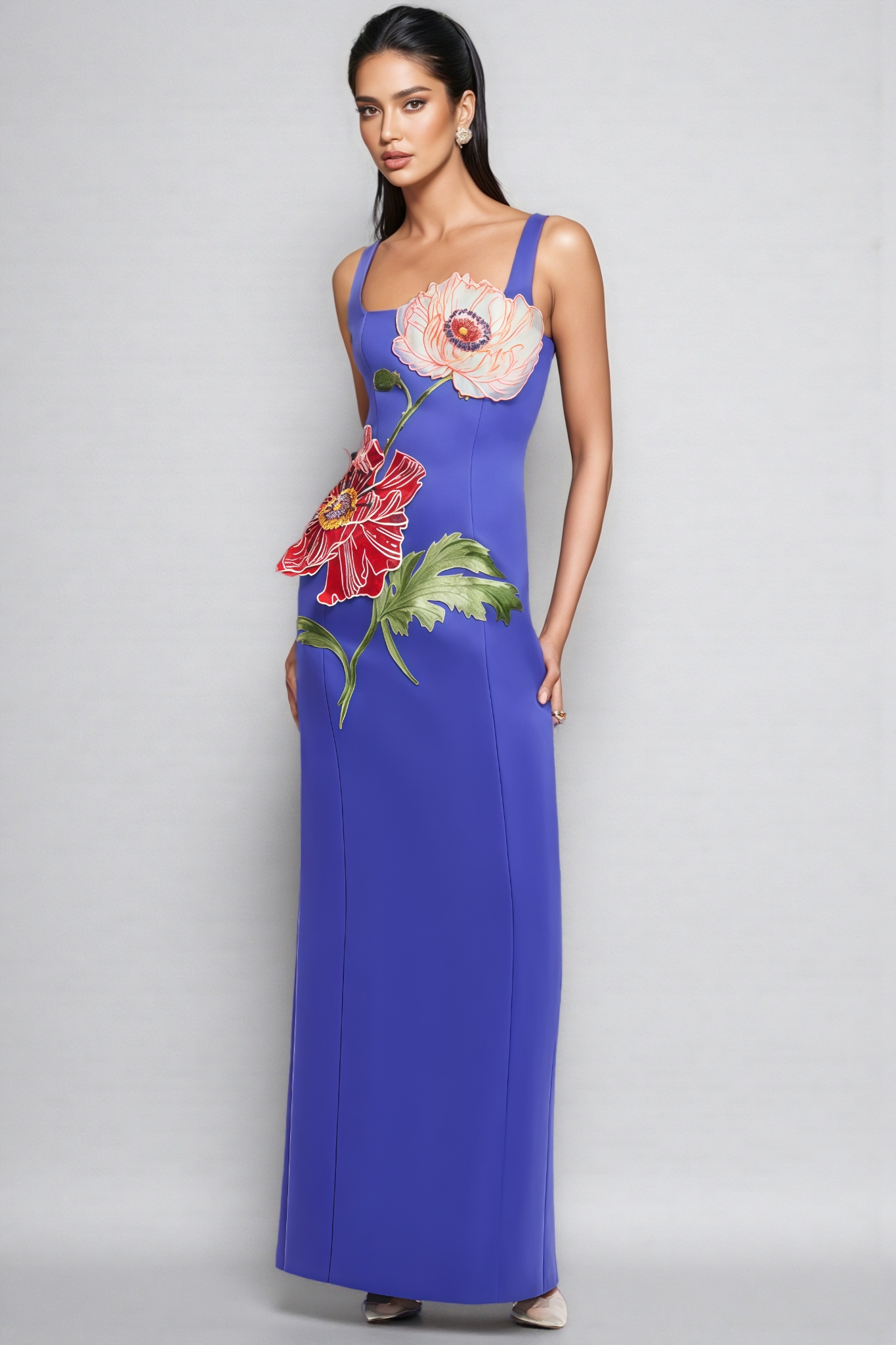 Jalosn Blue Embroidered Floral Maxi Dress