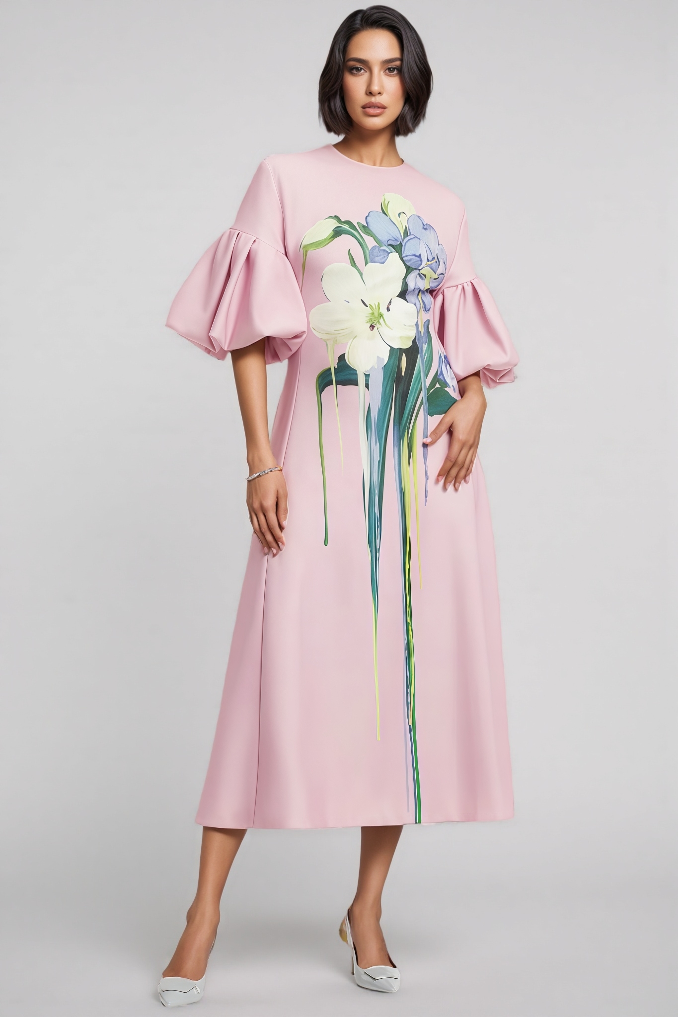 Prusille Pink Floral Midi Dress