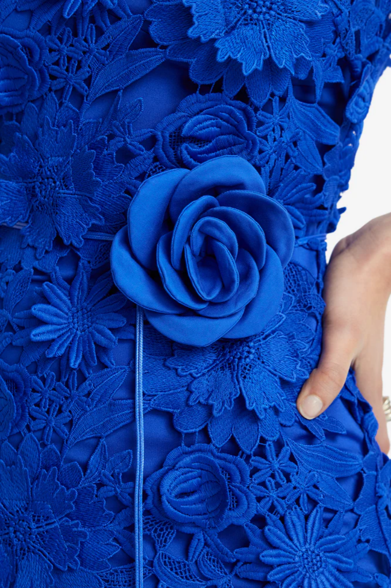 Niolas Blue 3D Floral Lace Maxi Dress