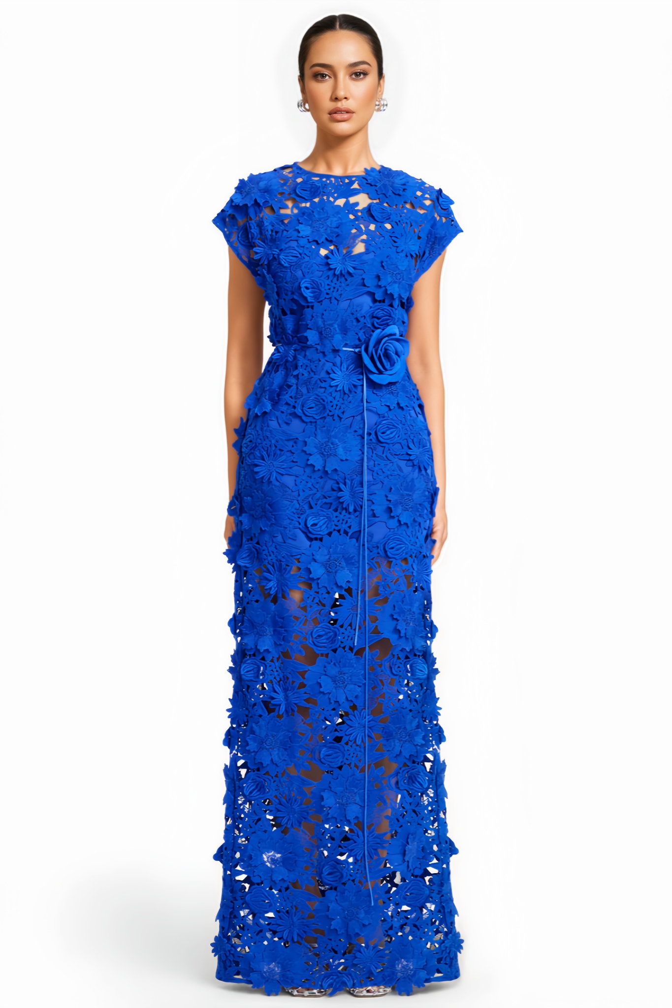 Niolas Blue 3D Floral Lace Maxi Dress