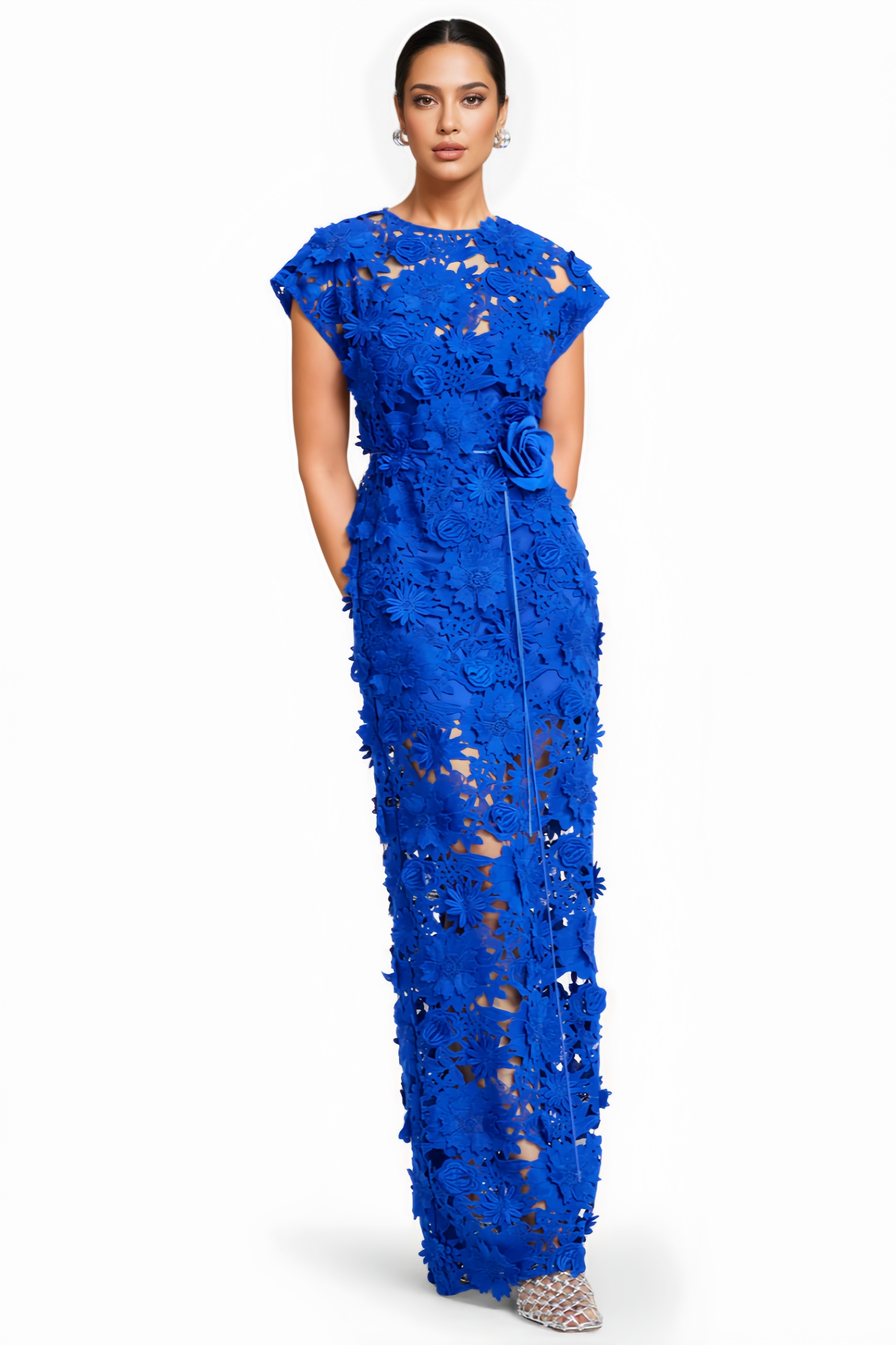 Niolas Blue 3D Floral Lace Maxi Dress