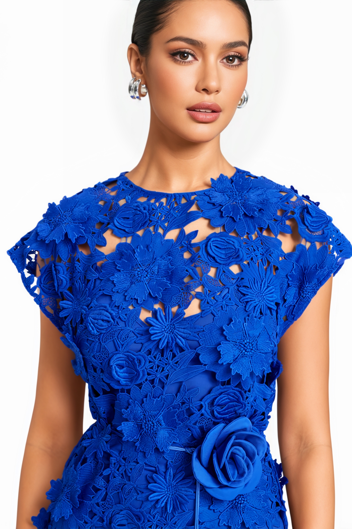 Niolas Blue 3D Floral Lace Maxi Dress