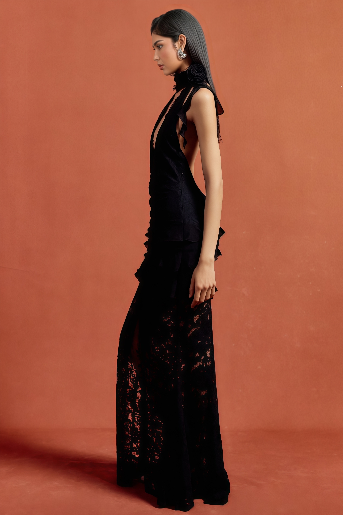 Acsence Lace Deep V Maxi Dress