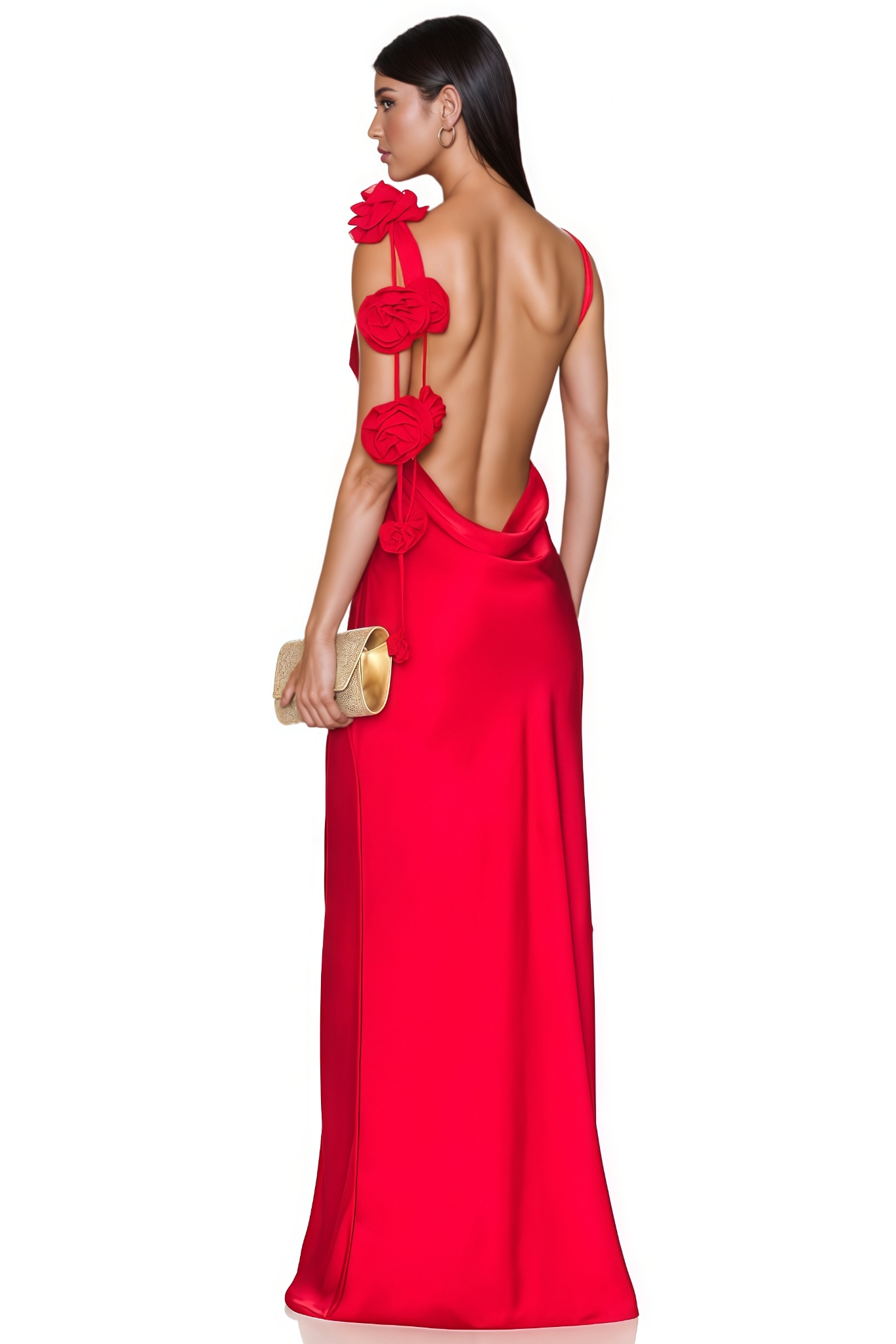 Hailiy Red Backless 3D Floral Maxi Dress