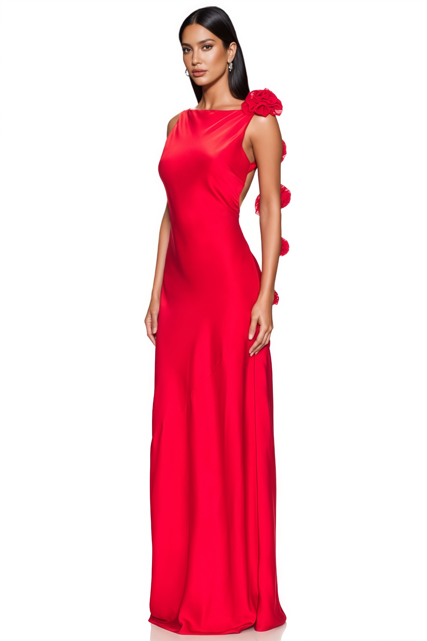 Hailiy Red Backless 3D Floral Maxi Dress