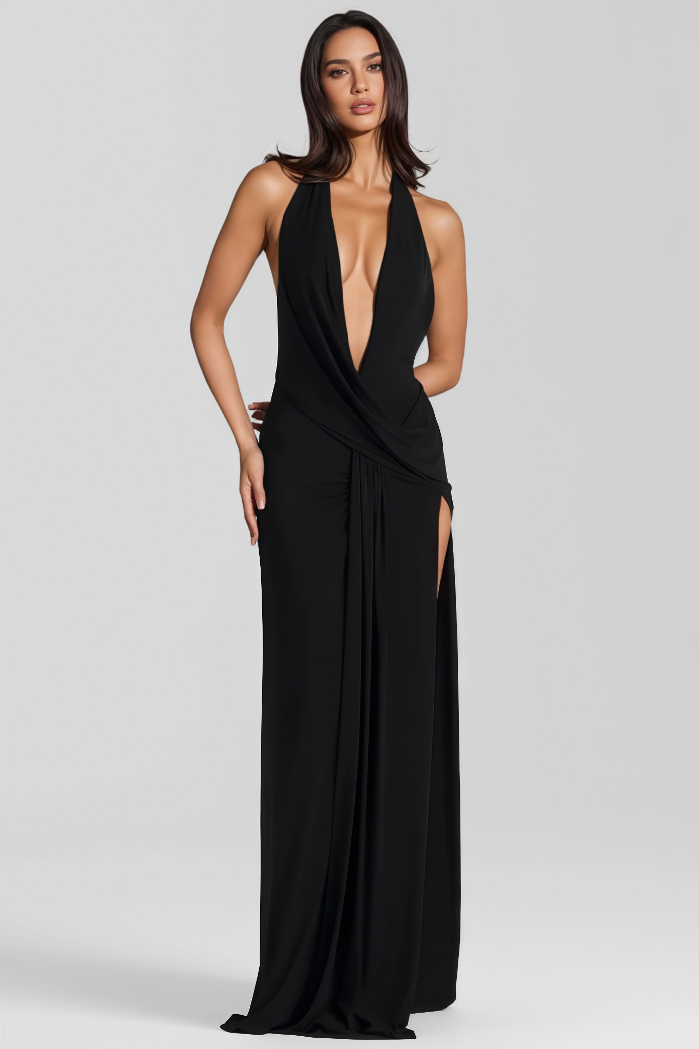 Ganbril Black Pleated Backless Slit Maxi Dress