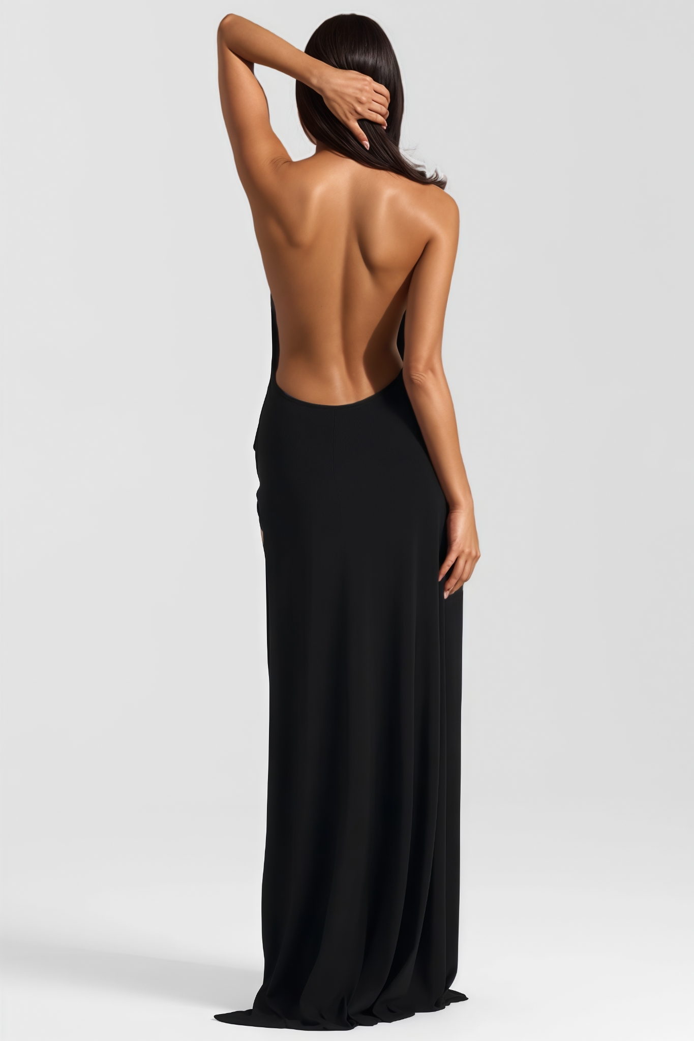 Ganbril Black Pleated Backless Slit Maxi Dress
